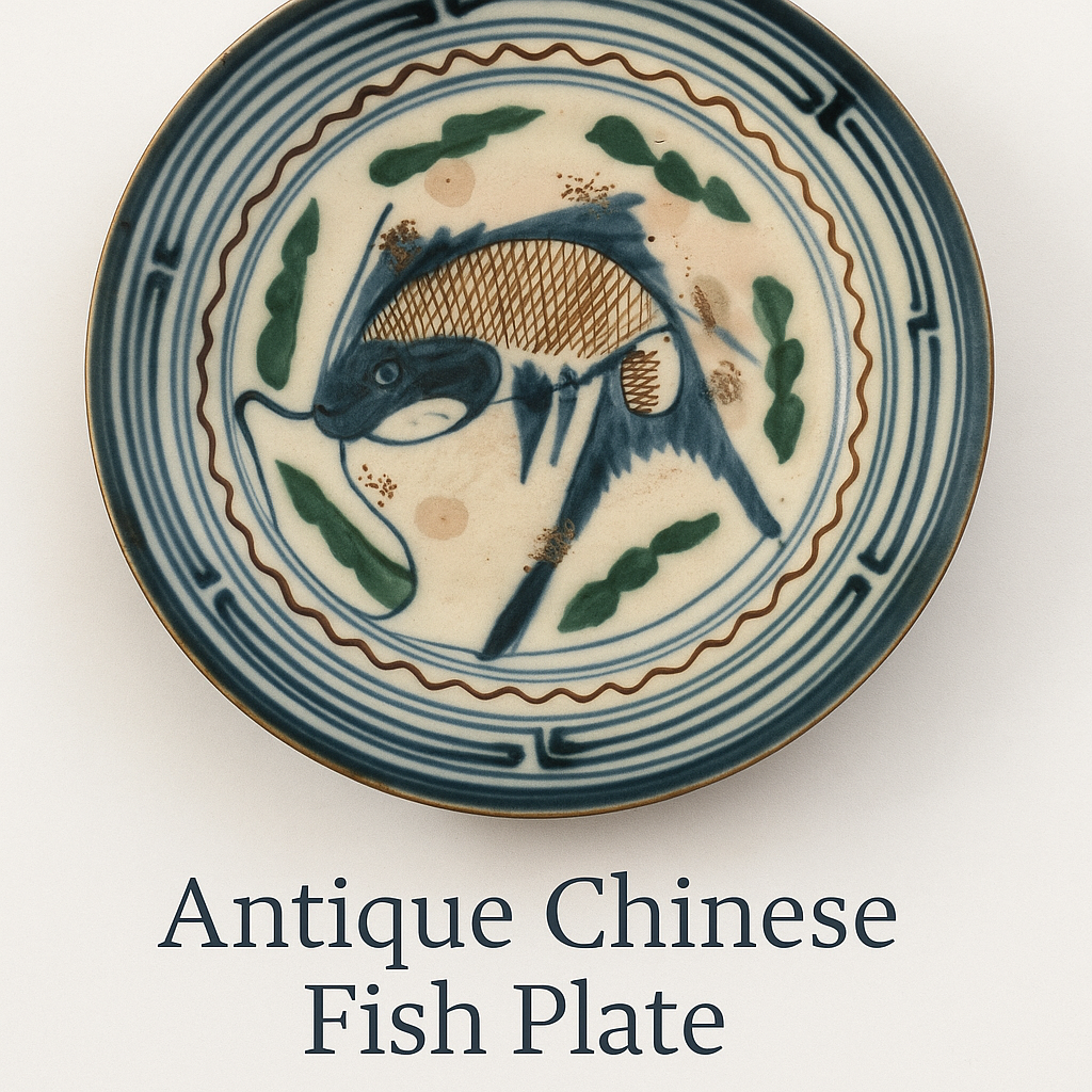 Antique Chinese Ceramic Plate – Fish Motif – Qing Dynasty Folk Art – ca. 1800 – 22 cm – Gallery Wax Seal