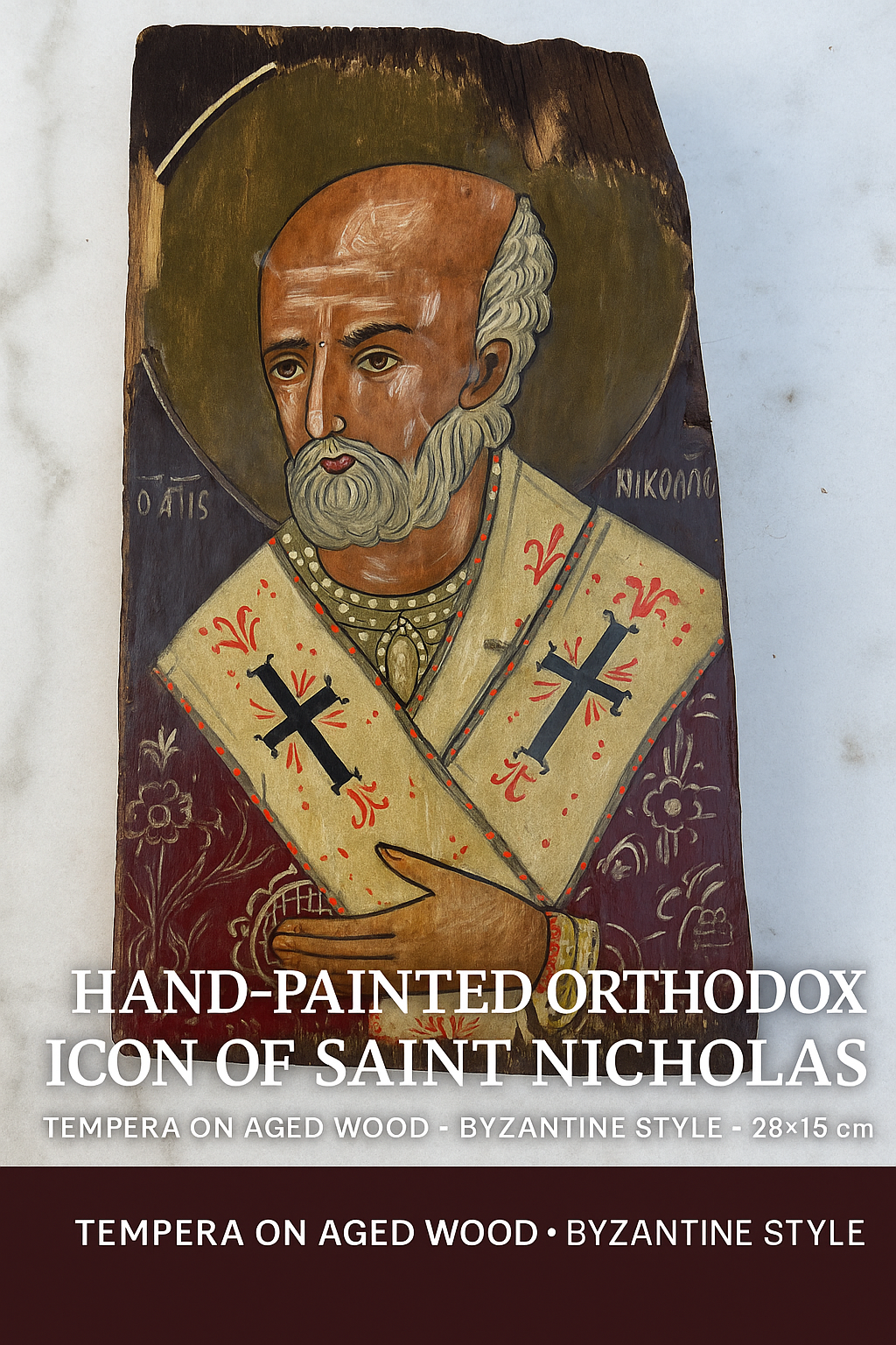 Hand-Painted Orthodox Icon of Saint Nicholas – Tempera on Aged Wood – Byzantine Style – 28×15 cm