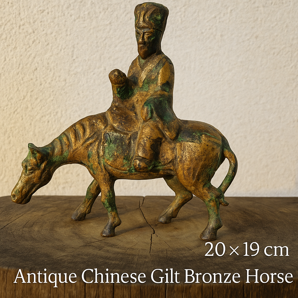Antique Chinese Gilt Bronze Horse and Rider – Taoist Figure with Patina, 20th c.