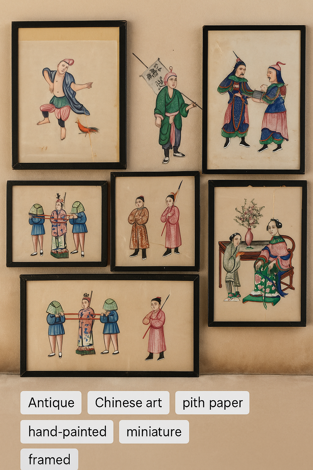 Antique Chinese Pith Paper Paintings - Set of 6 - 19th Century Canton School - Hand Painted Export Art