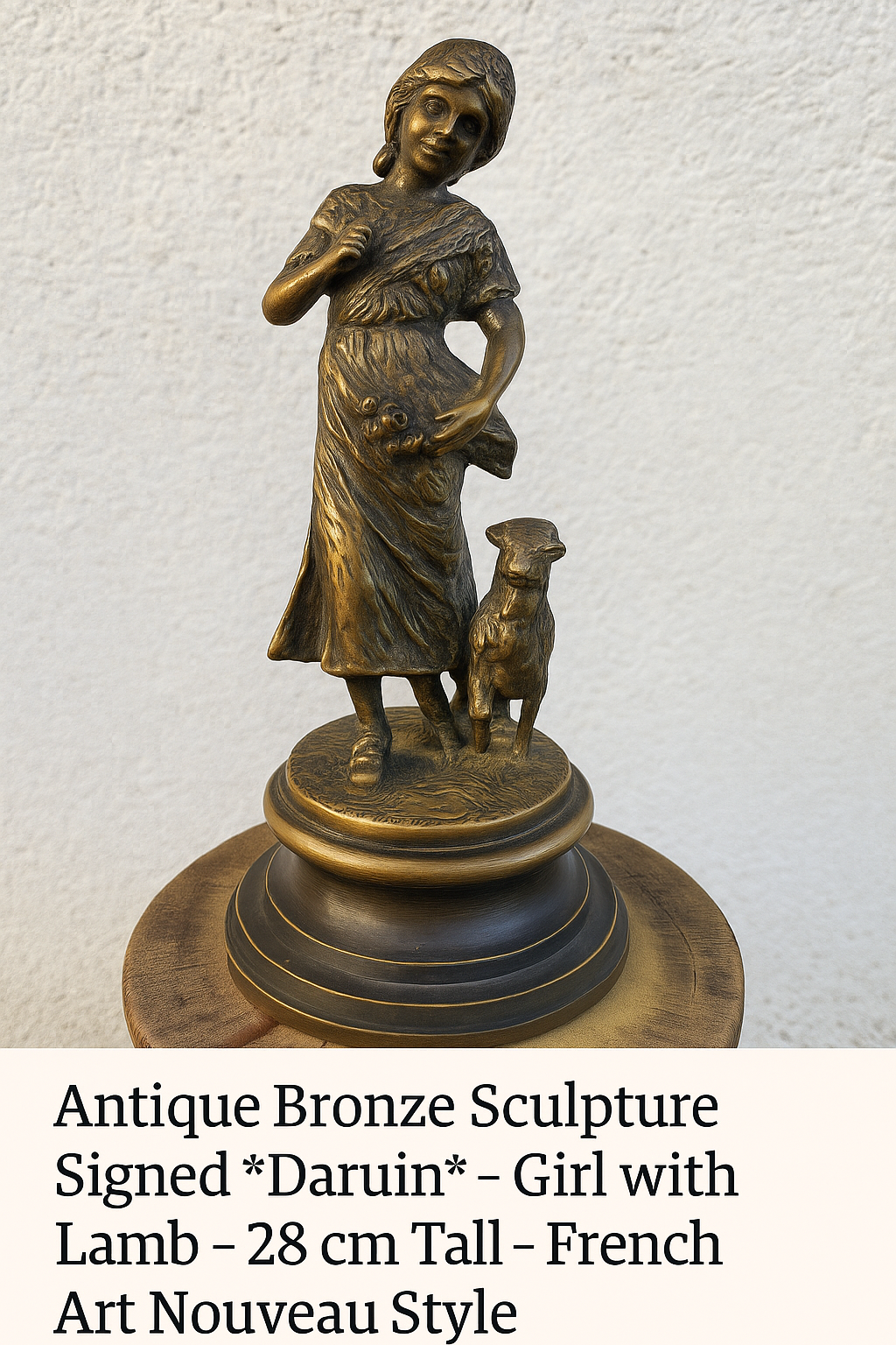 Antique Bronze Sculpture Girl with Lamb Signed - 28 cm Tall