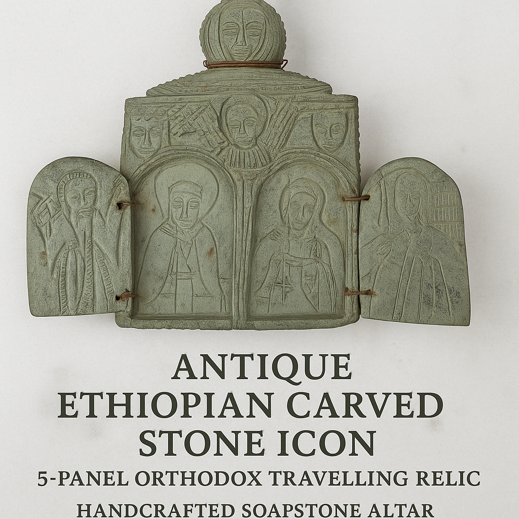 Antique Ethiopian Carved Stone Icon – 5-Panel Orthodox Travelling Relic