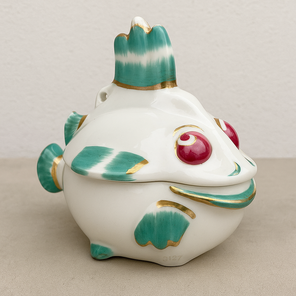 Rare French Mid-Century Fish-Shaped Pot β Hand-Painted Whimsical Ceramic Jar with Lid β 1950s Barbotine β 14 cm