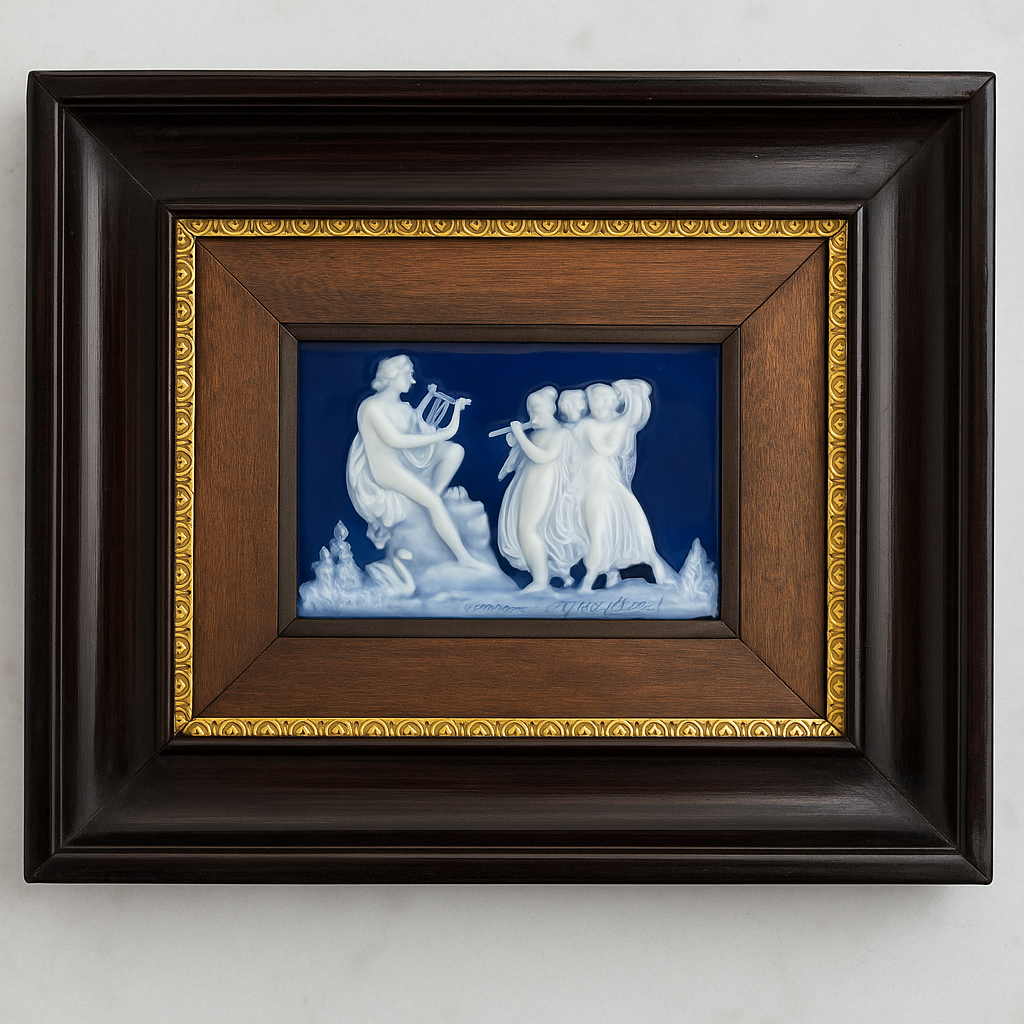 Vintage Limoges Porcelain Plaque Signed J. Chaufriasse – Framed Classical Relief with Musicians – Deep Cobalt Blue – Porcelaines d’Art Limoges France