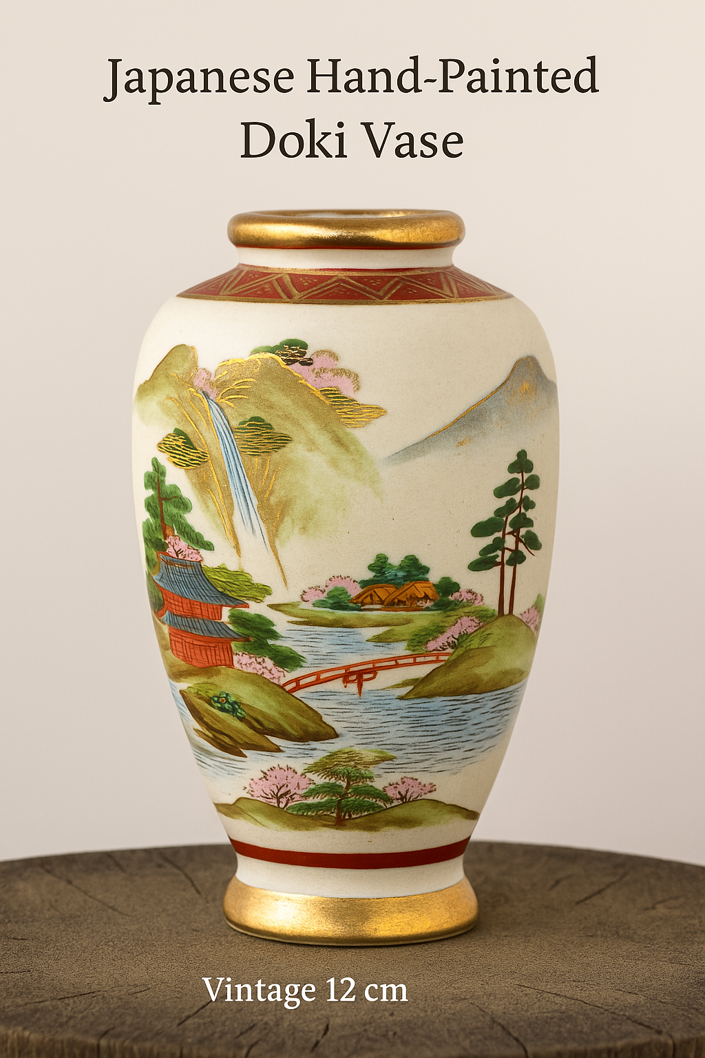 Japanese Hand-Painted Doki Vase – Landscape Scene with Gold Details – Vintage 12 cm