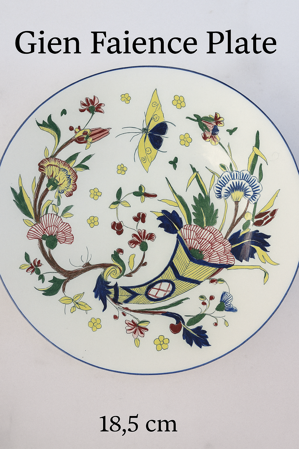 Gien Faience Plate – French Hand-Painted Floral Dish with Butterfly – Vintage 18.5 cm