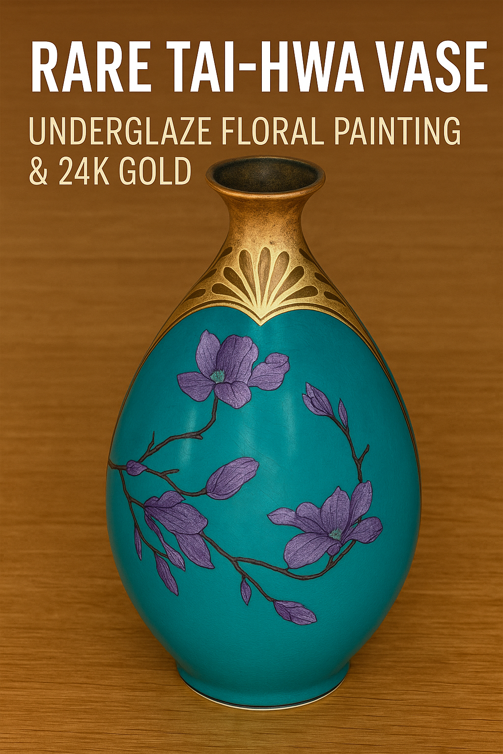 Rare TAI-HWA Vase – Underglaze Floral Painting & 24K Gold – Vintage Korean Art
