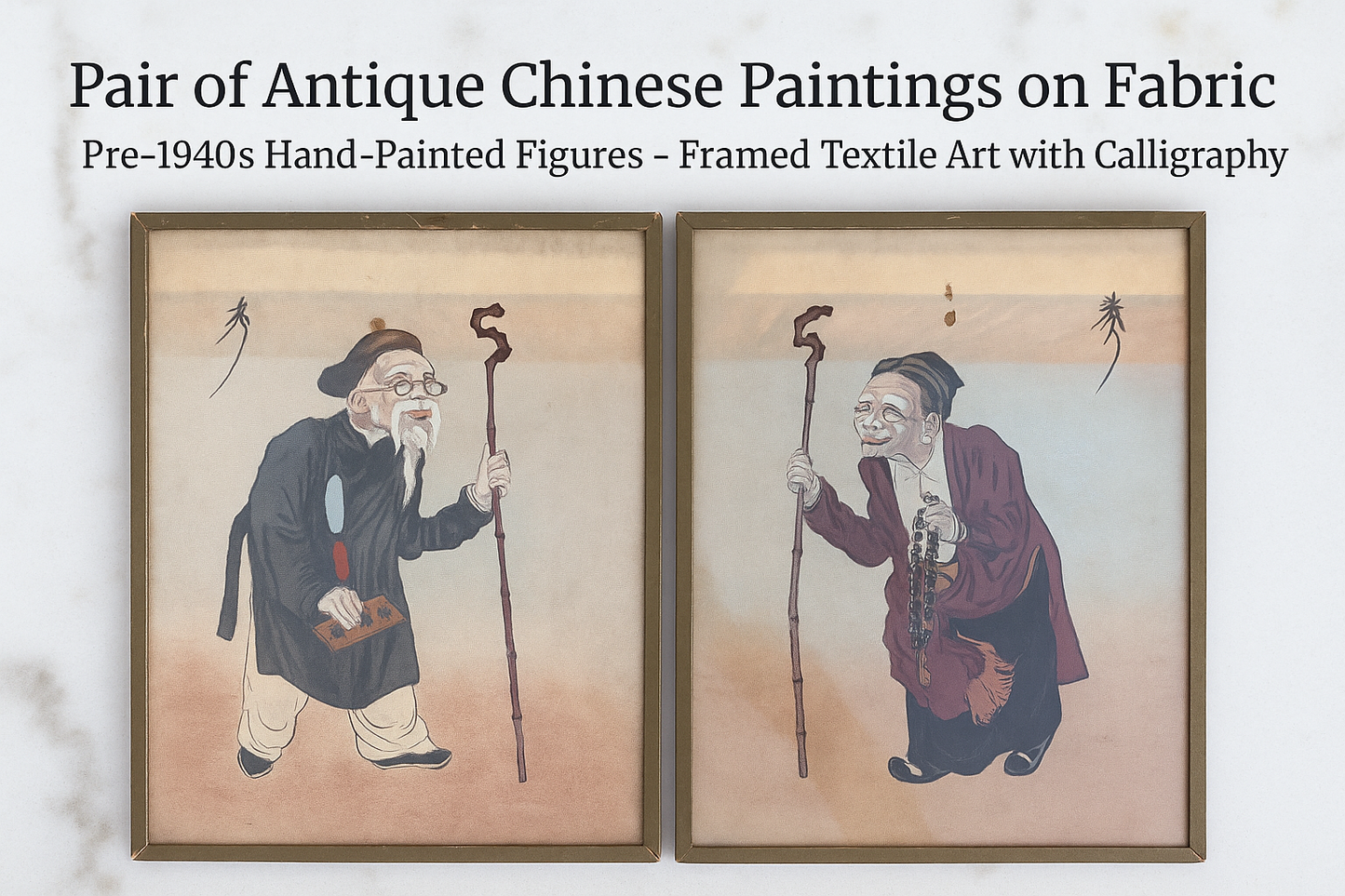 Pair of Antique Chinese Paintings on Fabric – Elderly Scholars