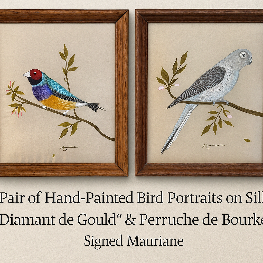 Pair of Hand-Painted Bird Portraits on Silk – Diamant de Gould & Perruche de Bourke – Signed Mauriane