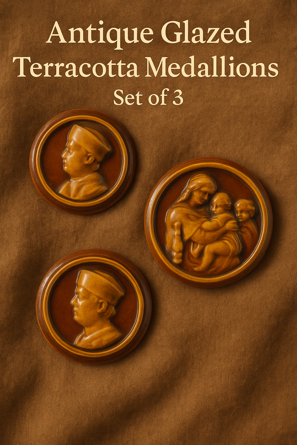 Antique Glazed Terracotta Medallions – Set of 3