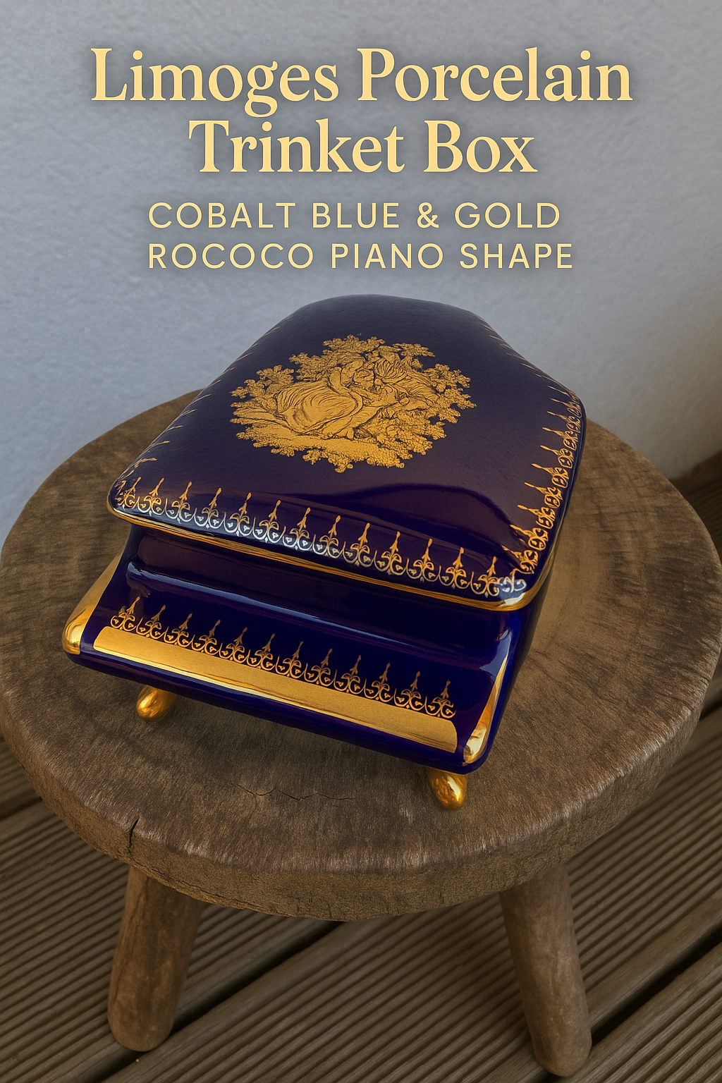 Limoges Porcelain Trinket Box – Piano Shape – Cobalt Blue & Gold