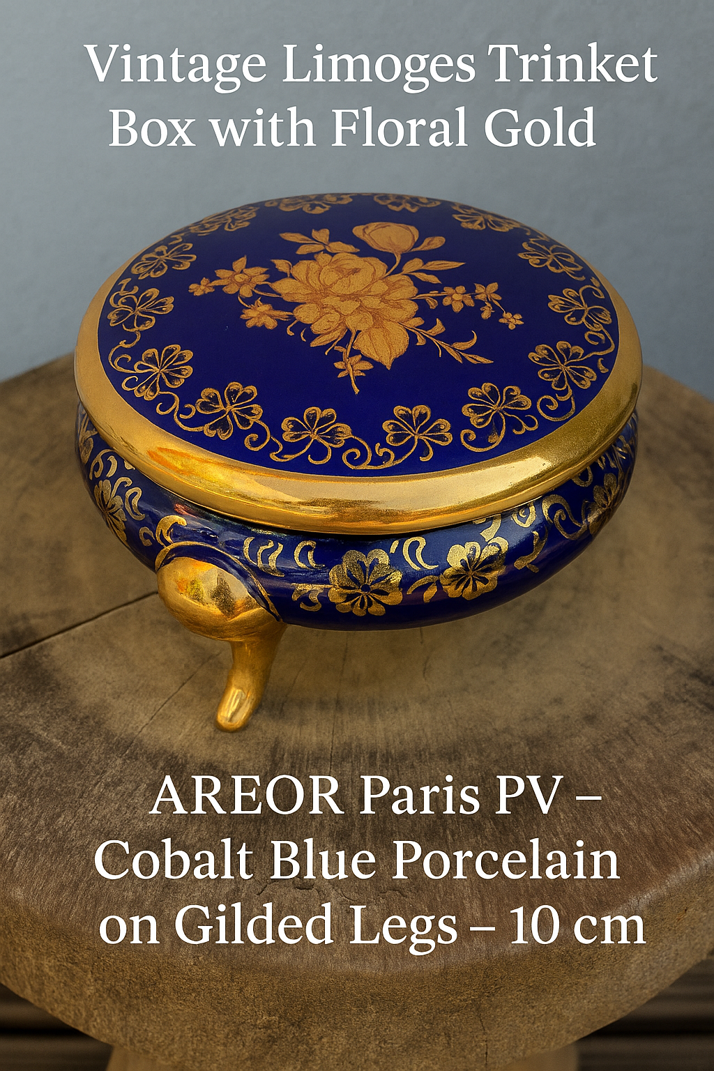 Vintage Limoges Trinket Box on Legs – Cobalt Blue and Gold – AREOR Paris PV – France