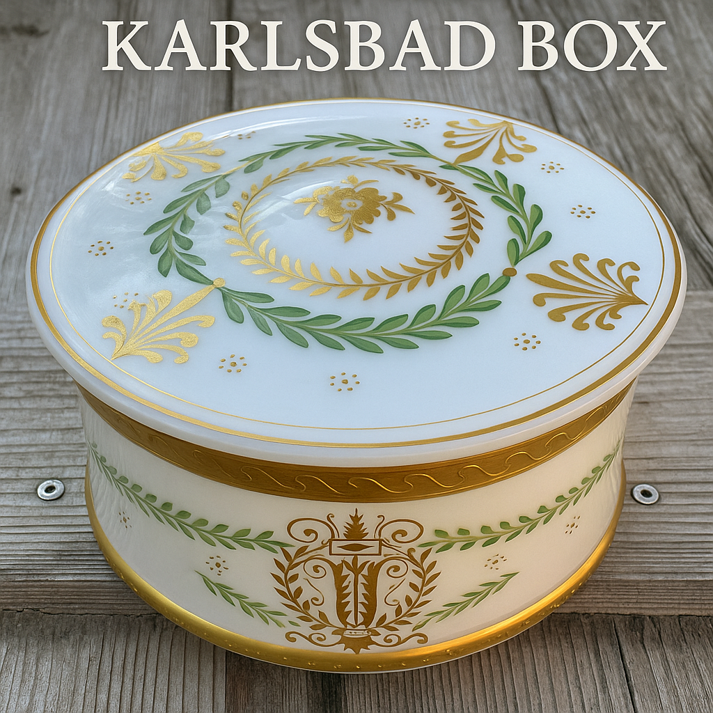 Antique Moser Glass Box – Hand-Painted Opaline with Gold & Laurel Leaves – Karlsbad ca. 1880–1900
