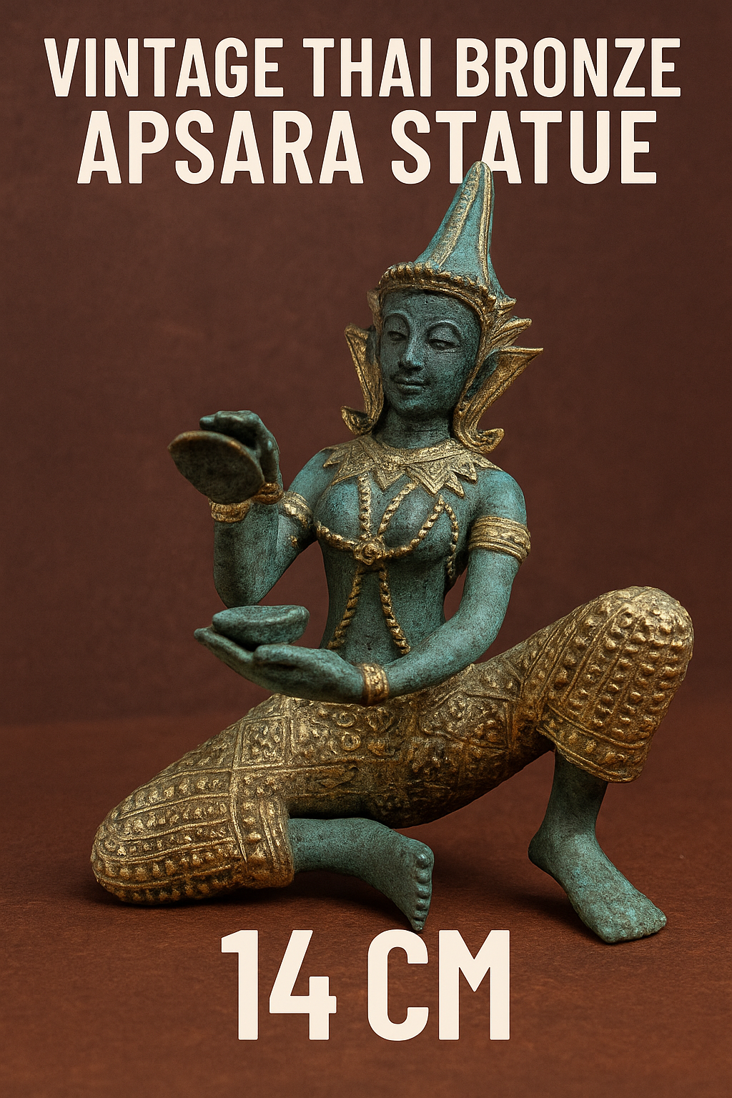 Vintage Thai Bronze Goddess Statue – Gilded Apsara Dancer – 14 cm – Patinated Sculpture
