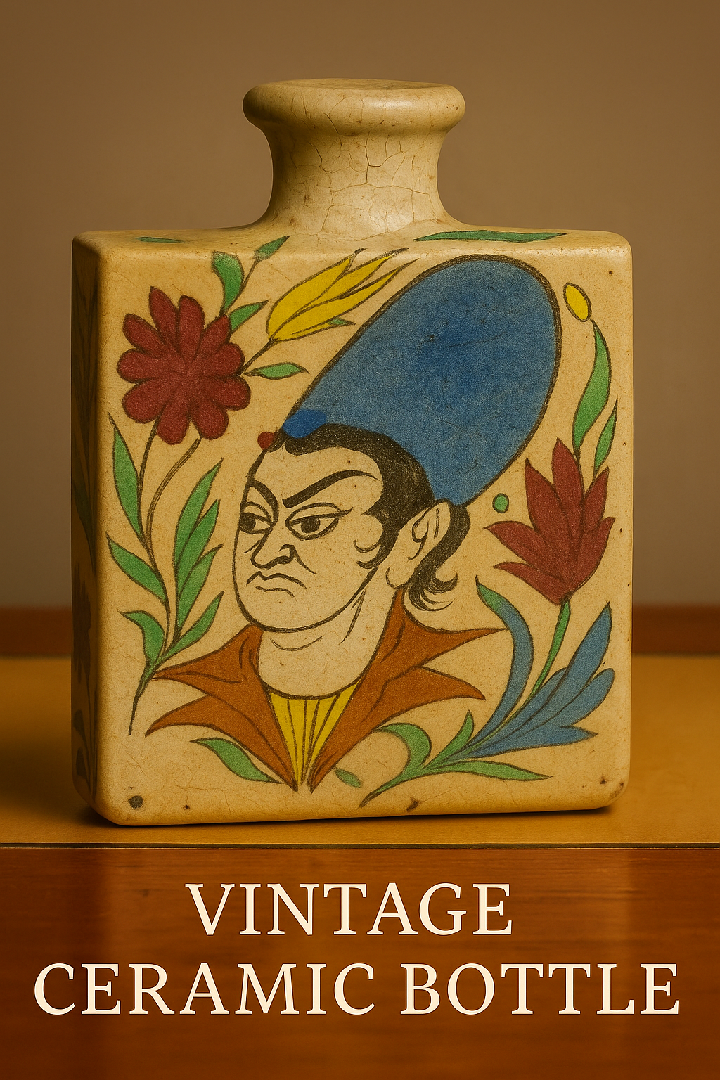Vintage Hand-Painted Ceramic Bottle – Persian Style