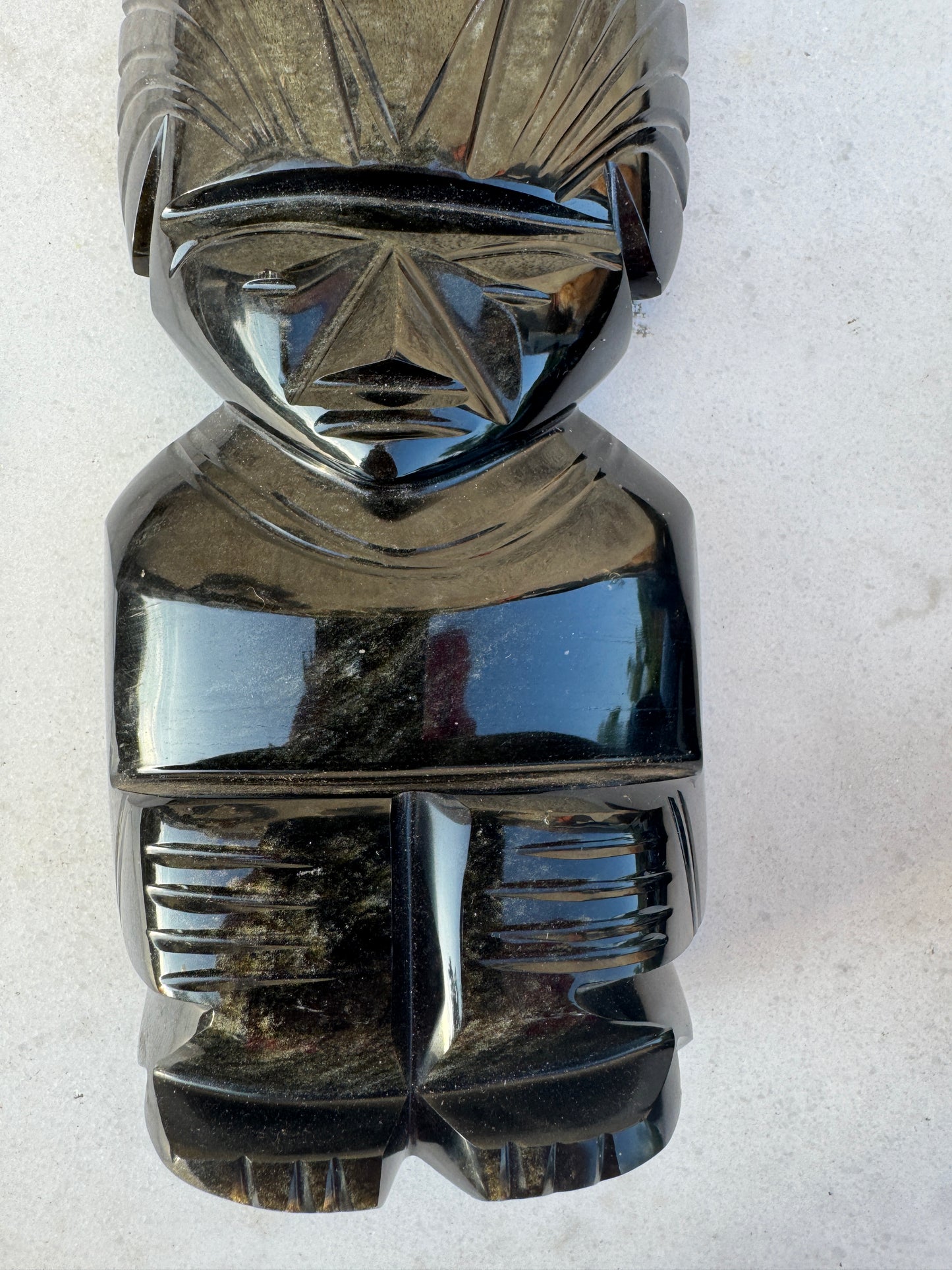Golden Obsidian Tribal Sculptures - Set of 2 - Hand-Carved Mexican Obsidian Art - 29 cm Tall