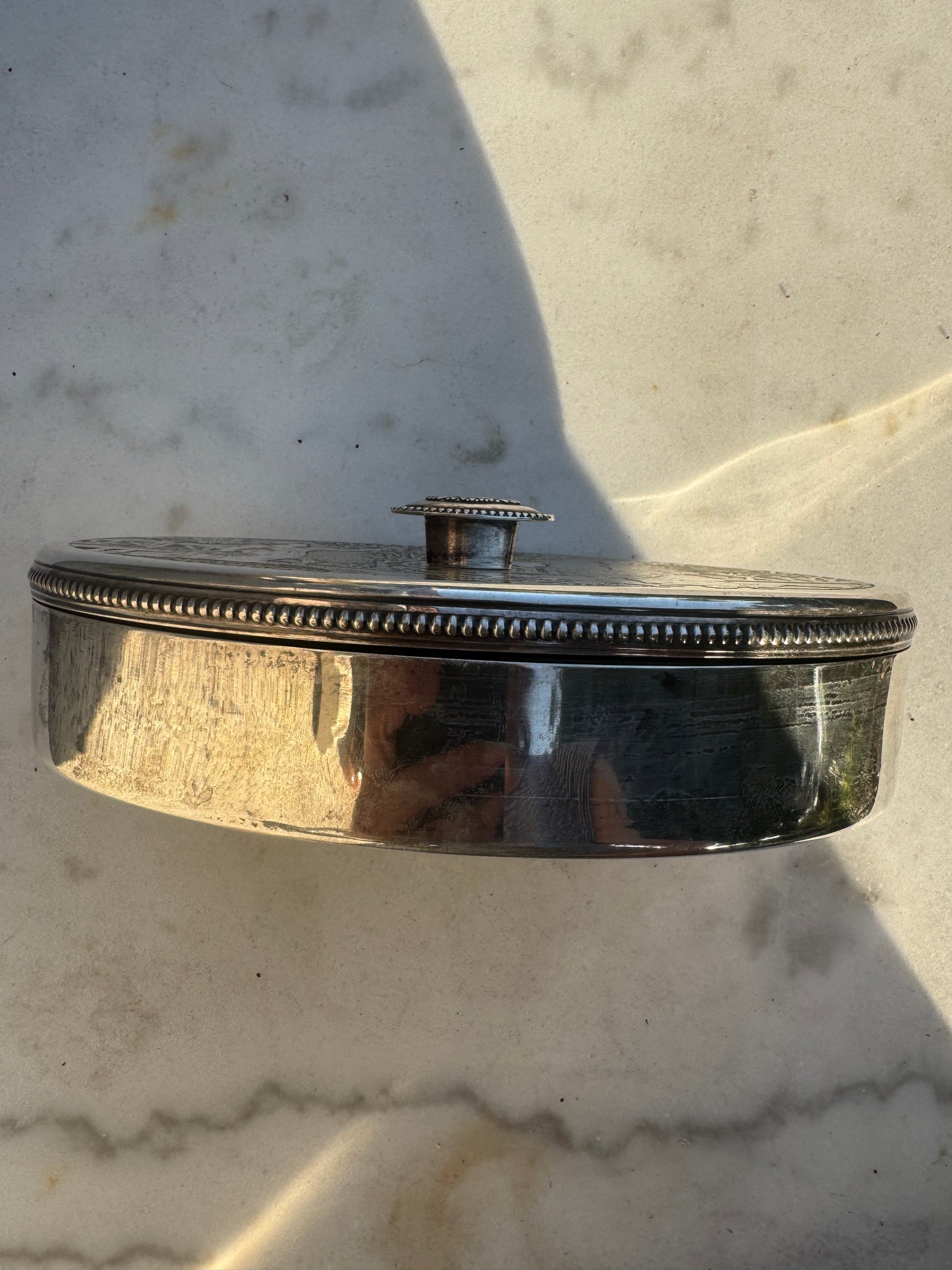 Antique French Silvered Metal Box by L. Genin 1977 - Summer & Winter Engraving - 20x13 cm