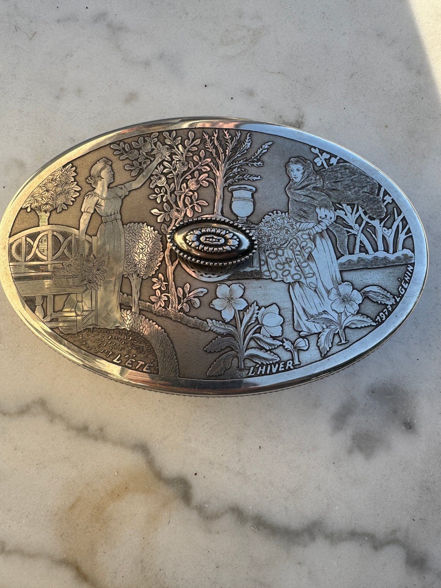 Antique French Silvered Metal Box by L. Genin 1977 - Summer & Winter Engraving - 20x13 cm