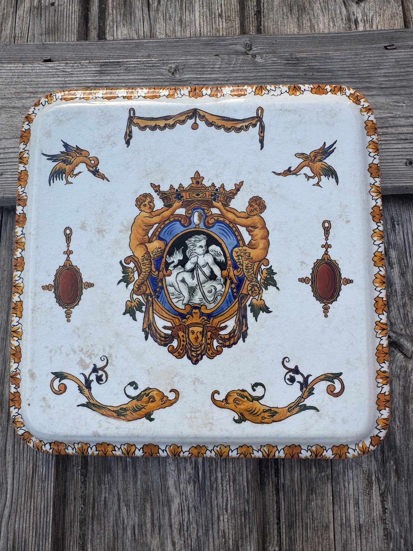 French Vintage Faience Trivet - Hand-Painted Square Ceramic Hot Plate 25.5 cm