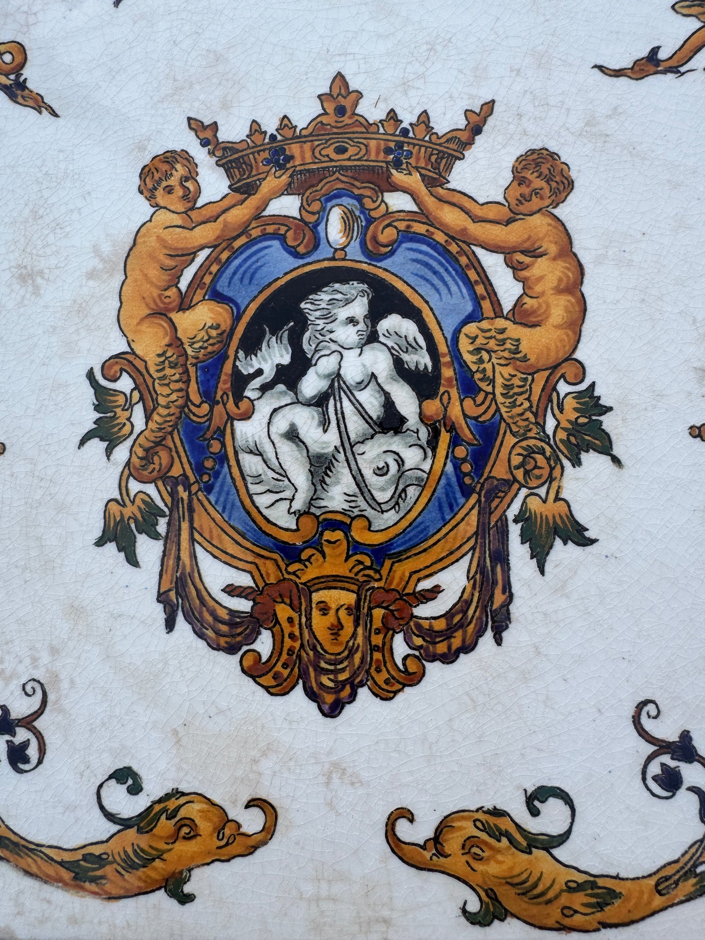 French Vintage Faience Trivet - Hand-Painted Square Ceramic Hot Plate 25.5 cm