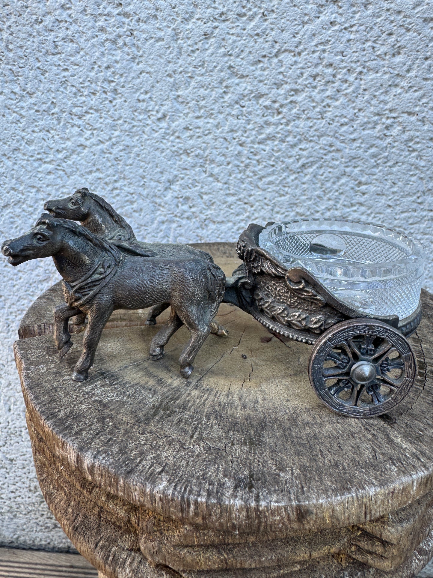 Antique Horse Drawn Chariot Salt Cellar – Cast Metal & Glass Dish