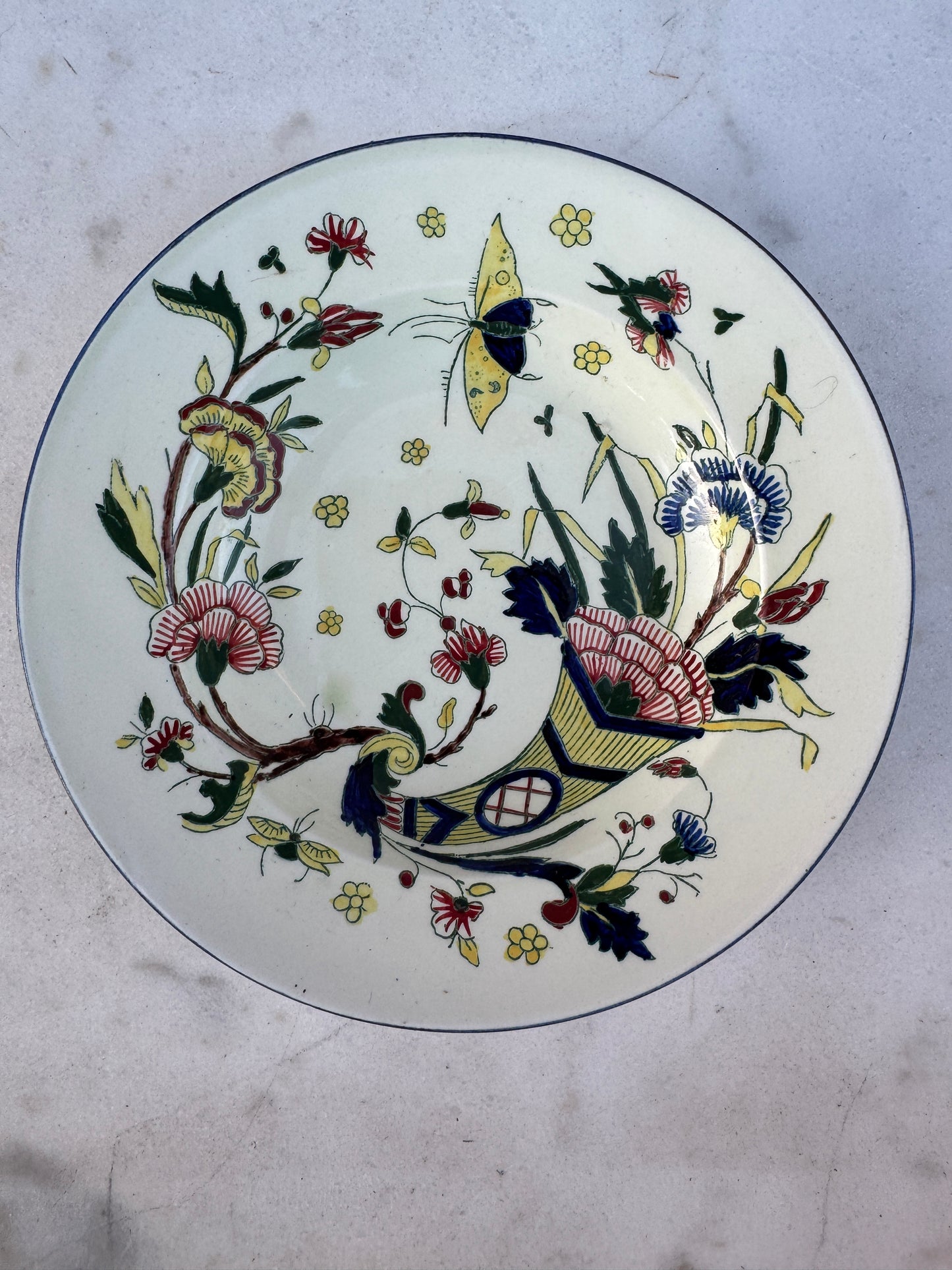 Gien Faience Plate – French Hand-Painted Floral Dish with Butterfly – Vintage 18.5 cm