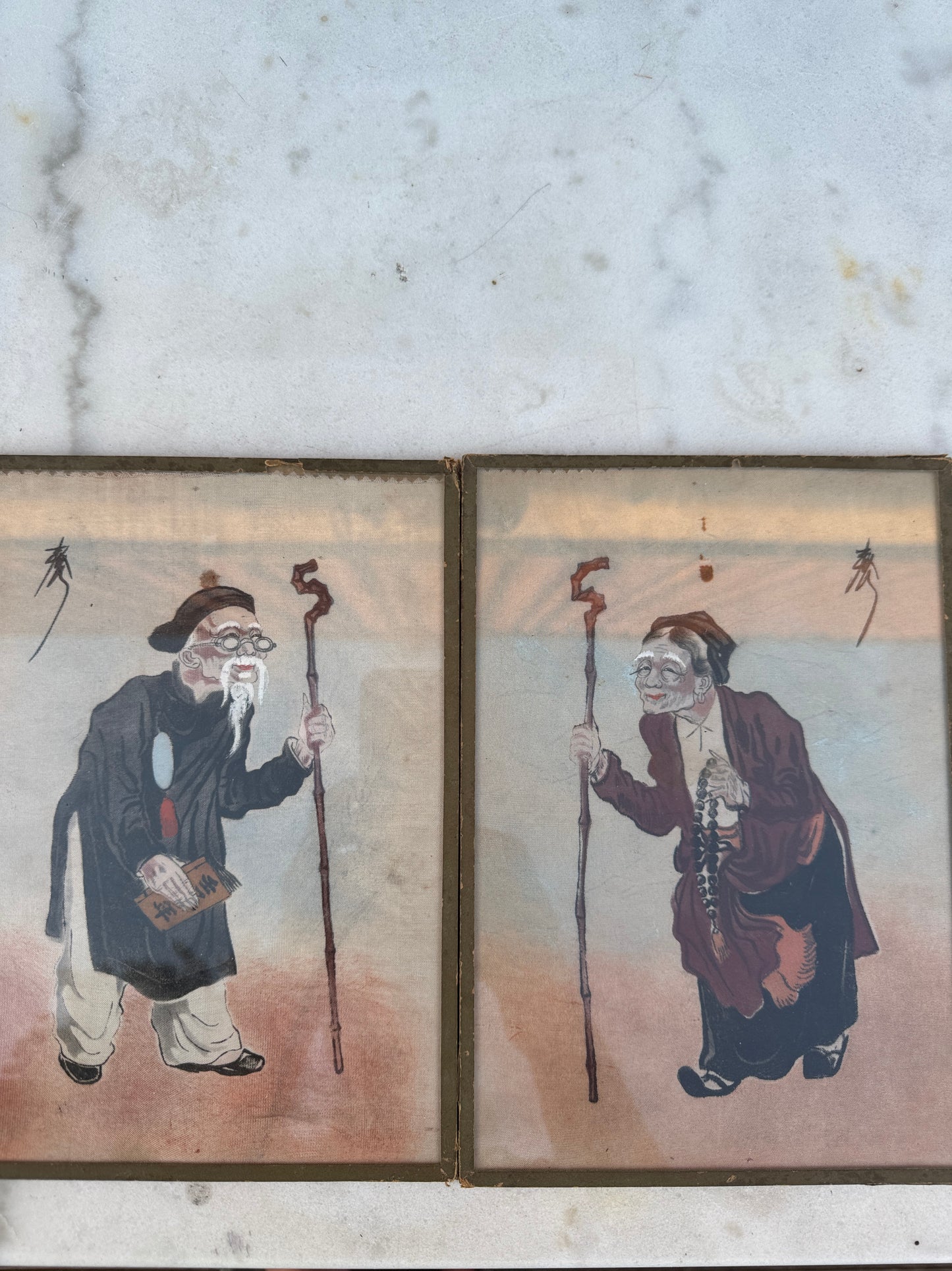 Pair of Antique Chinese Paintings on Fabric – Elderly Scholars