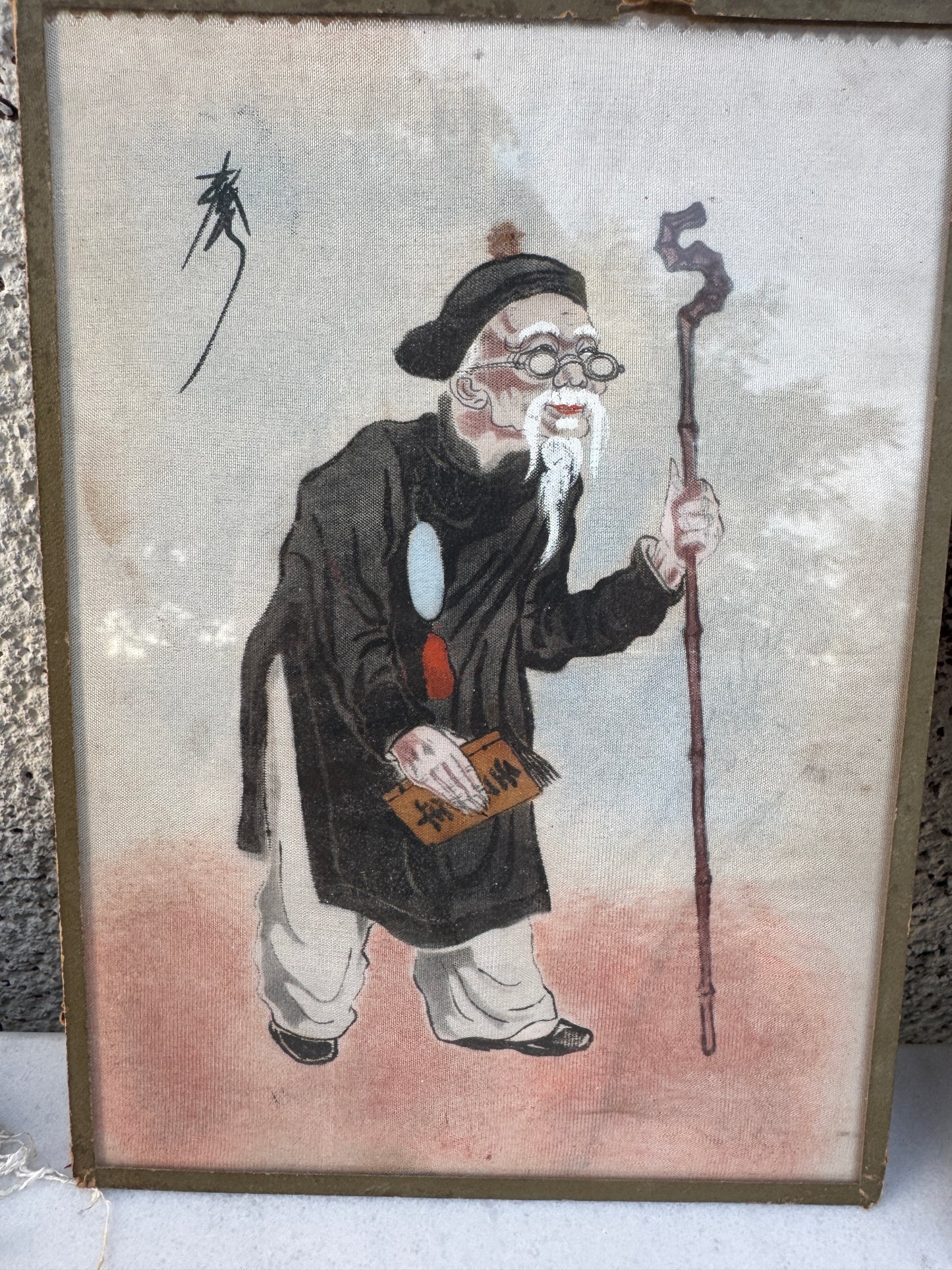 Pair of Antique Chinese Paintings on Fabric – Elderly Scholars