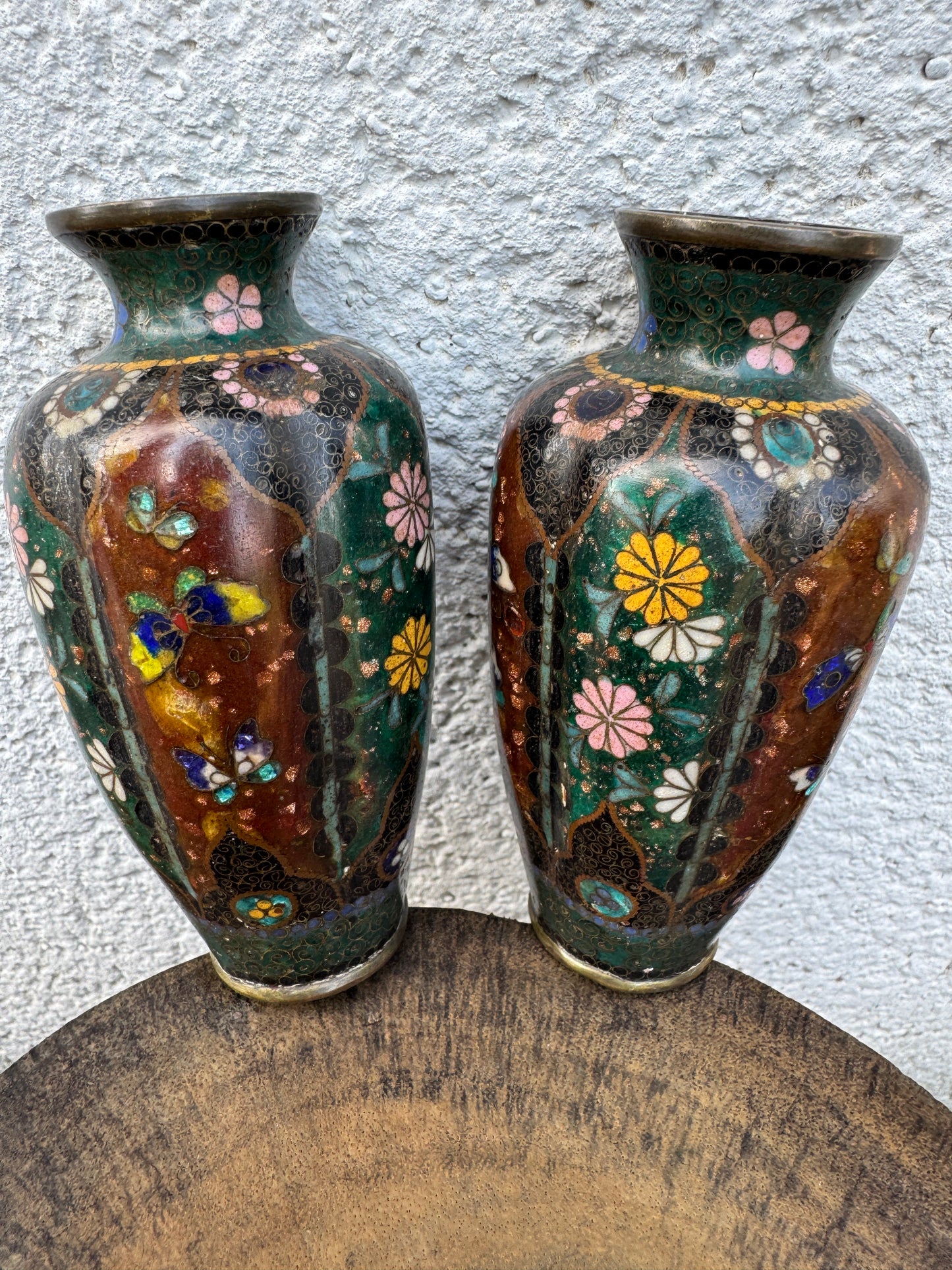 Antique Japanese Cloisonné Vases – Meiji Period – Butterfly & Floral Design – 12 cm – Pair