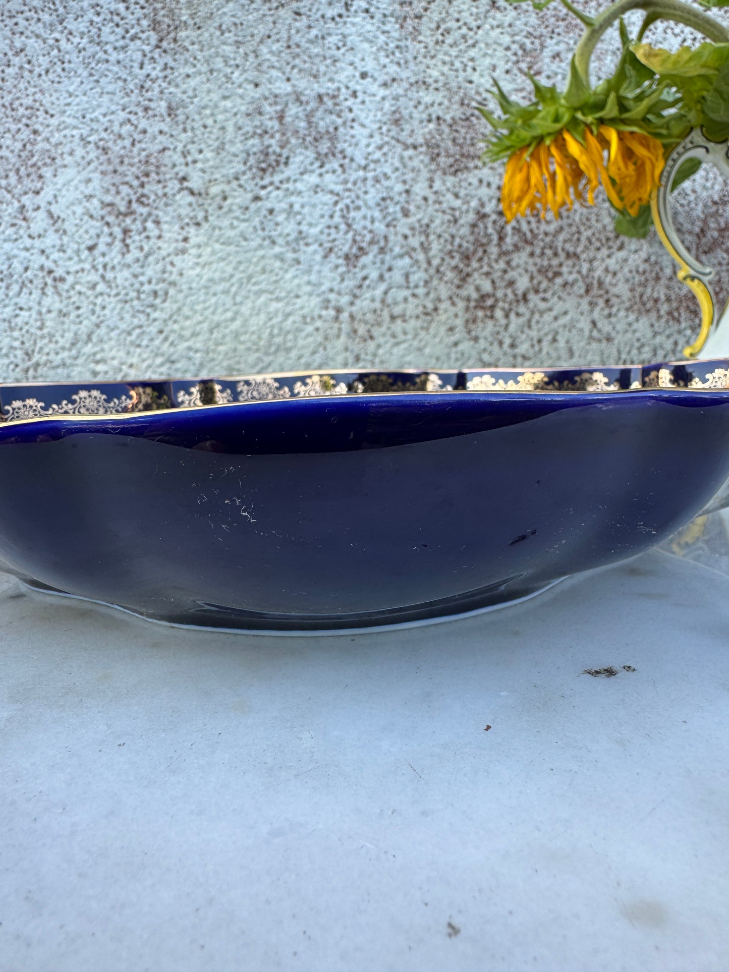 Vintage Rococo Style Cobalt Blue Porcelain Bowl – Hand Painted Floral – Gold Gilded – Limoges Style