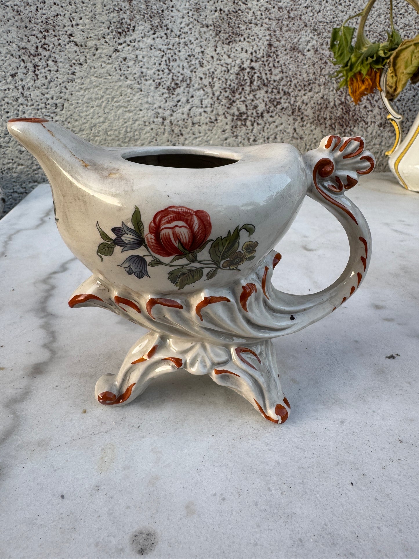 Pair of Vintage Rococo Faience Sauce Boats – Hand-Painted Floral Design – Early 20th Century