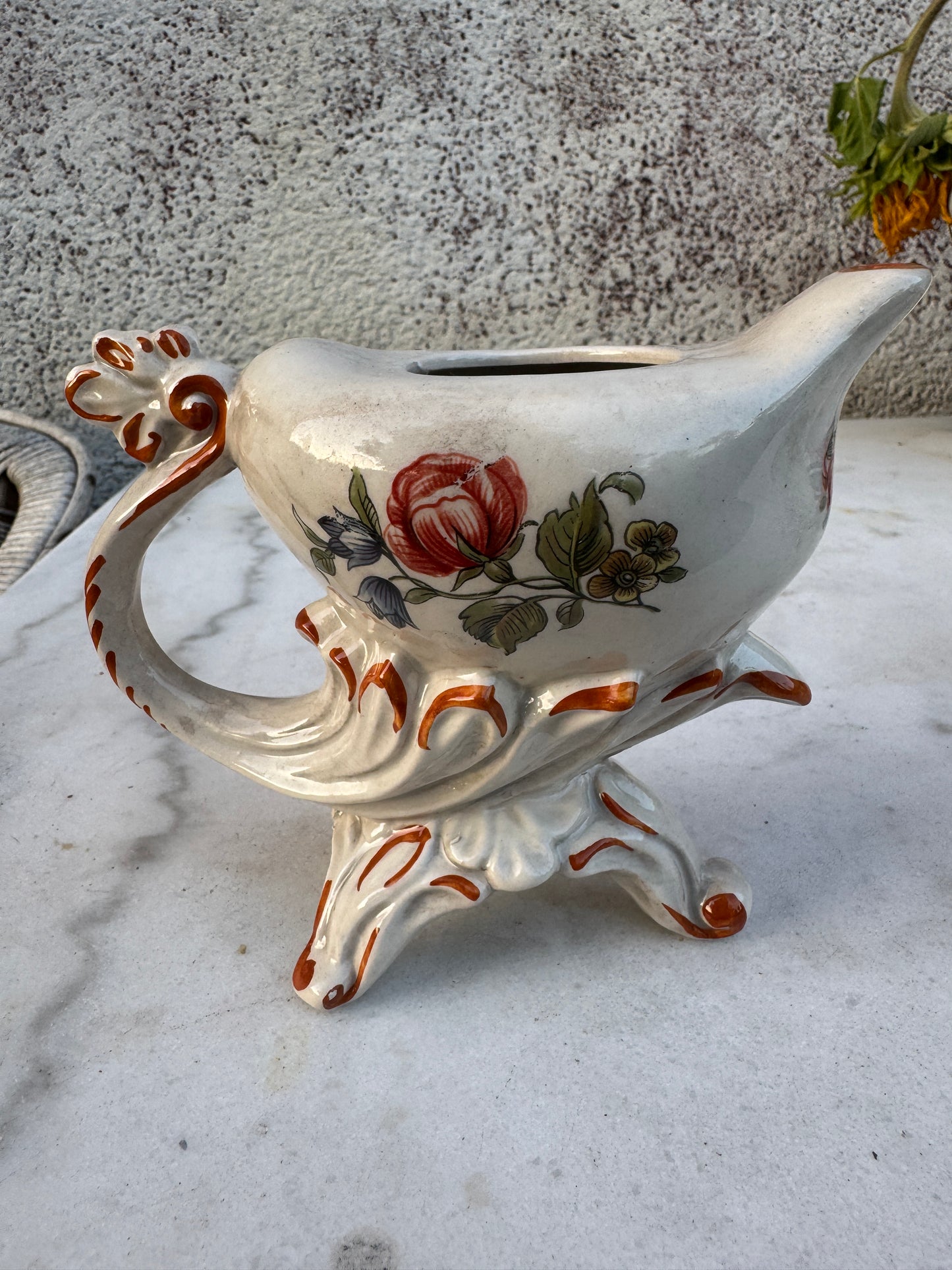 Pair of Vintage Rococo Faience Sauce Boats – Hand-Painted Floral Design – Early 20th Century