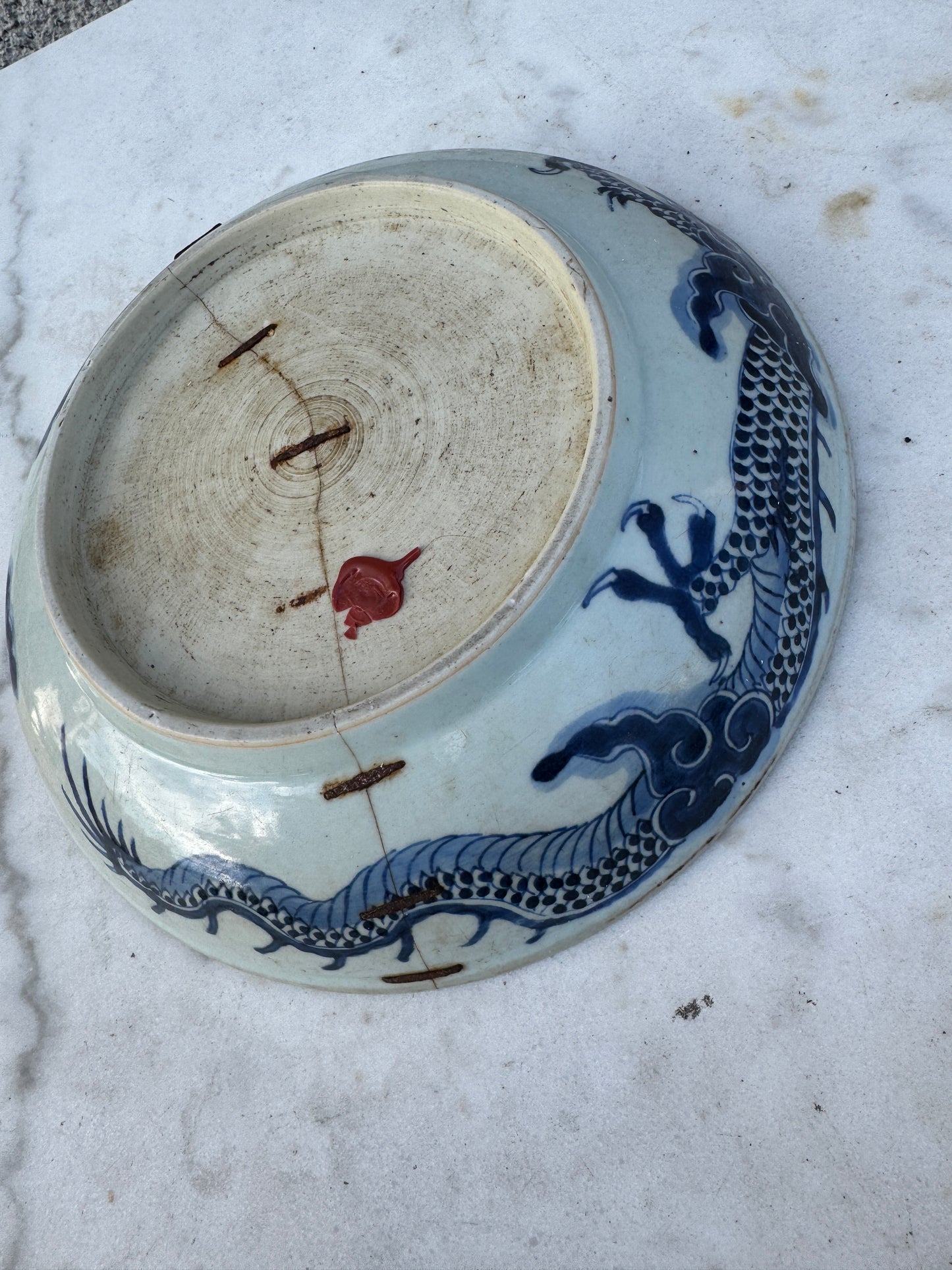 Antique Chinese Porcelain Plate – Imperial Dragon – Late Qing Dynasty – Repaired with Staples – 27.7 cm