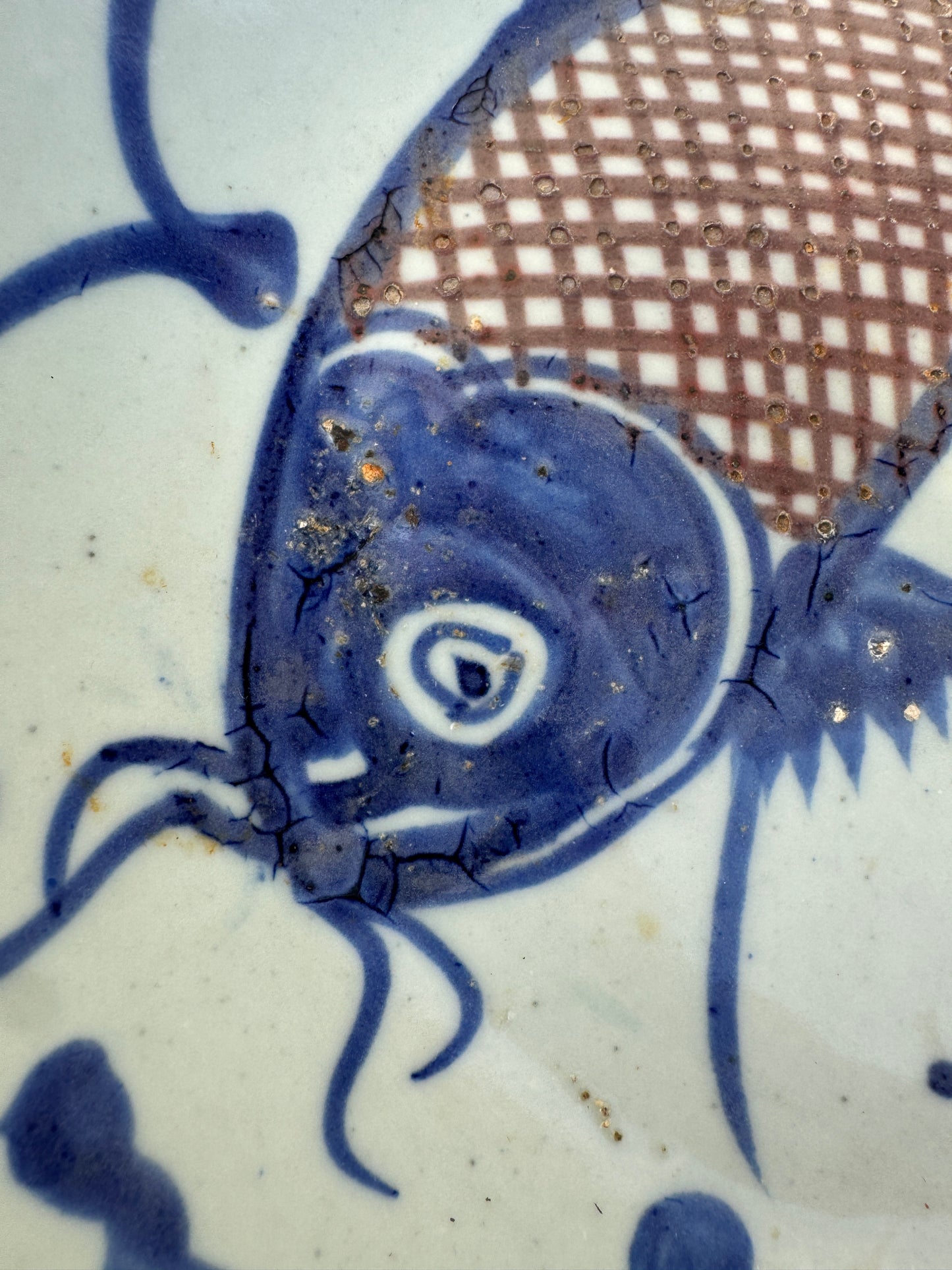 Antique Chinese Porcelain Plate – Fish Motif – Hand-Painted Blue & Brown – Guangyuan Studio – Pre-1910 – 21.5 cm