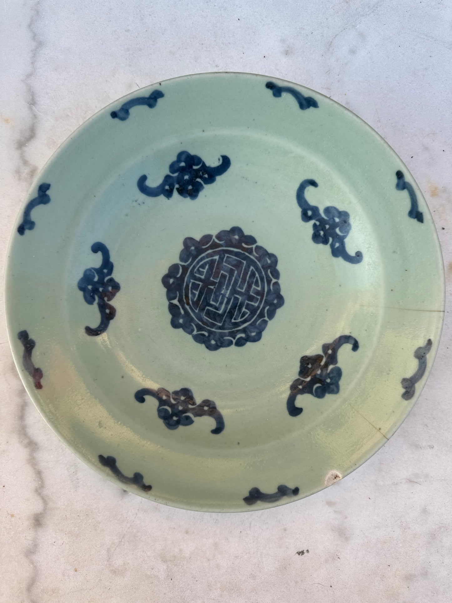 Antique Chinese Celadon Plate with Longevity Symbol – Blue Underglaze – 27 cm – Gallery Collection