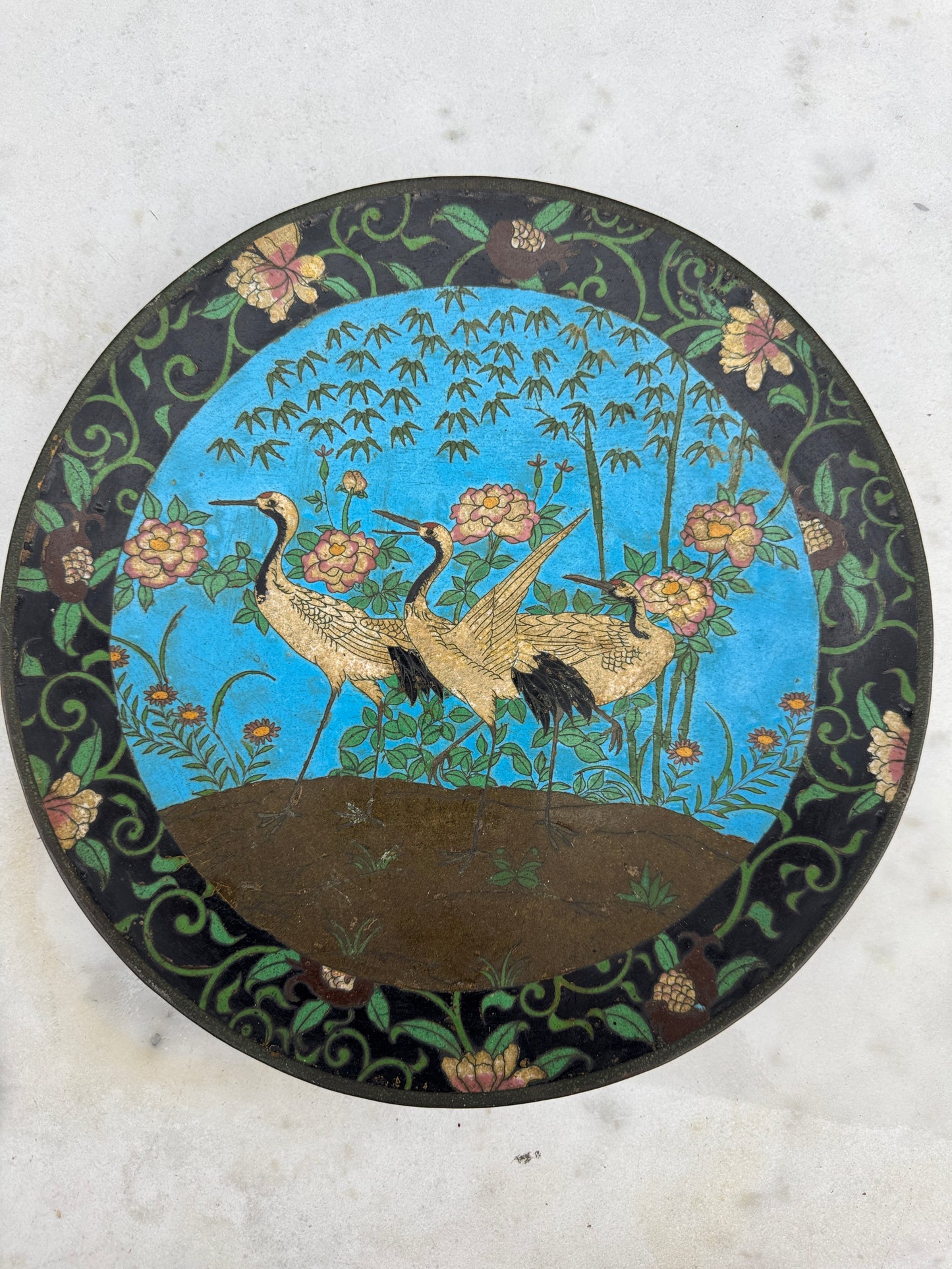 Rare Antique Chinese Cloisonné Plate – Cranes & Peonies – 1800s – Qing Dynasty