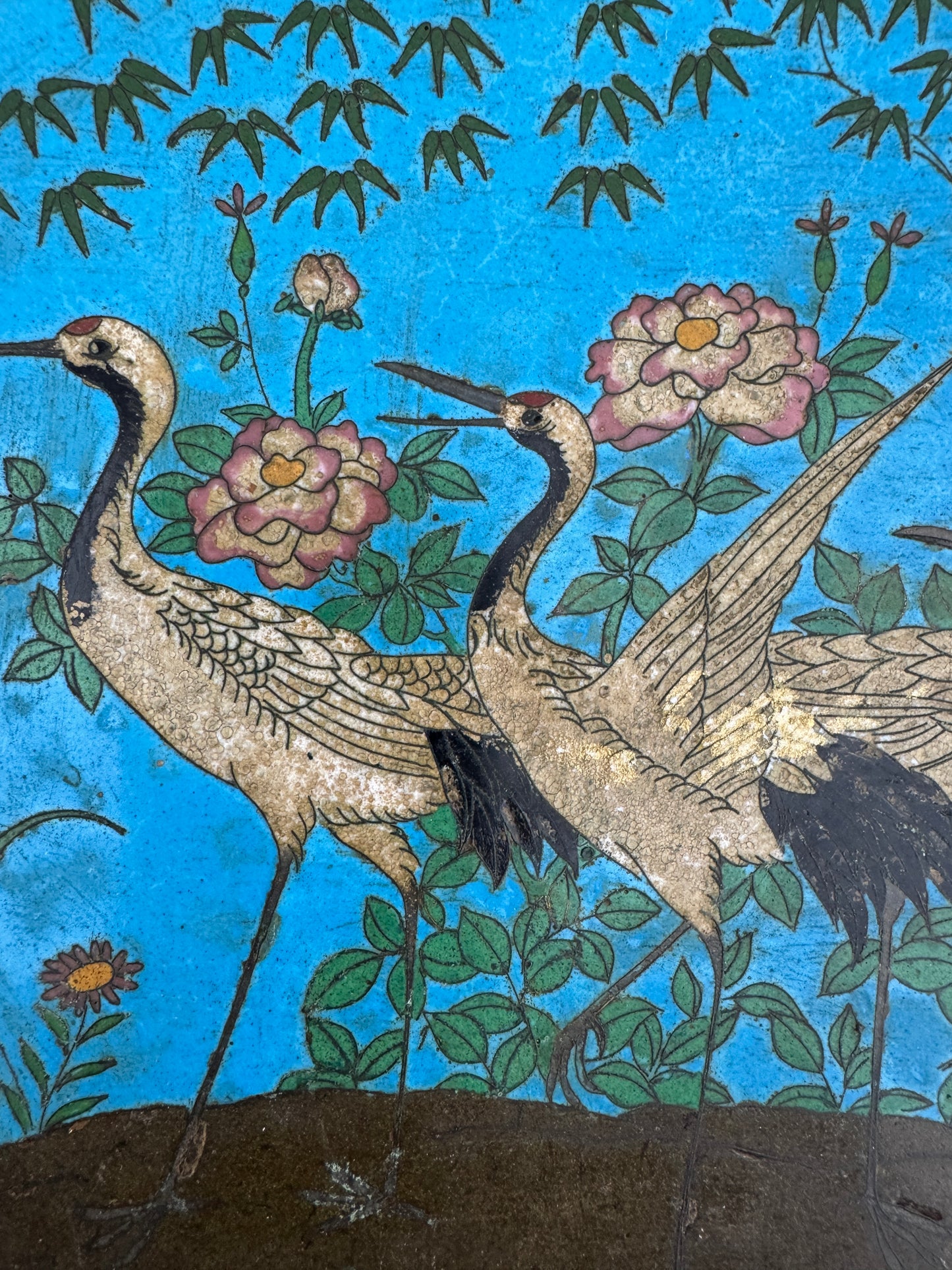 Rare Antique Chinese Cloisonné Plate – Cranes & Peonies – 1800s – Qing Dynasty