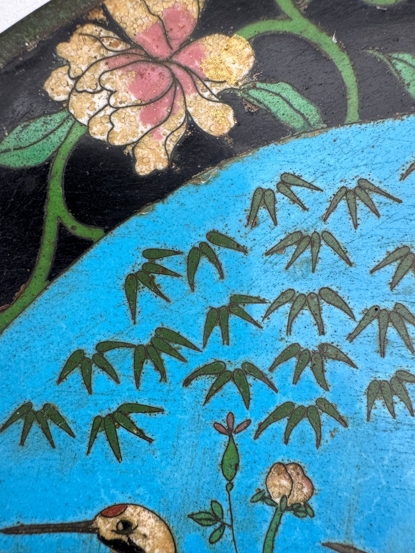 Rare Antique Chinese Cloisonné Plate – Cranes & Peonies – 1800s – Qing Dynasty