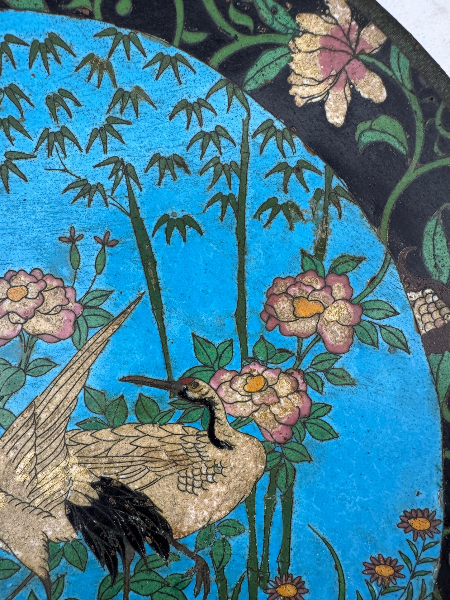 Rare Antique Chinese Cloisonné Plate – Cranes & Peonies – 1800s – Qing Dynasty