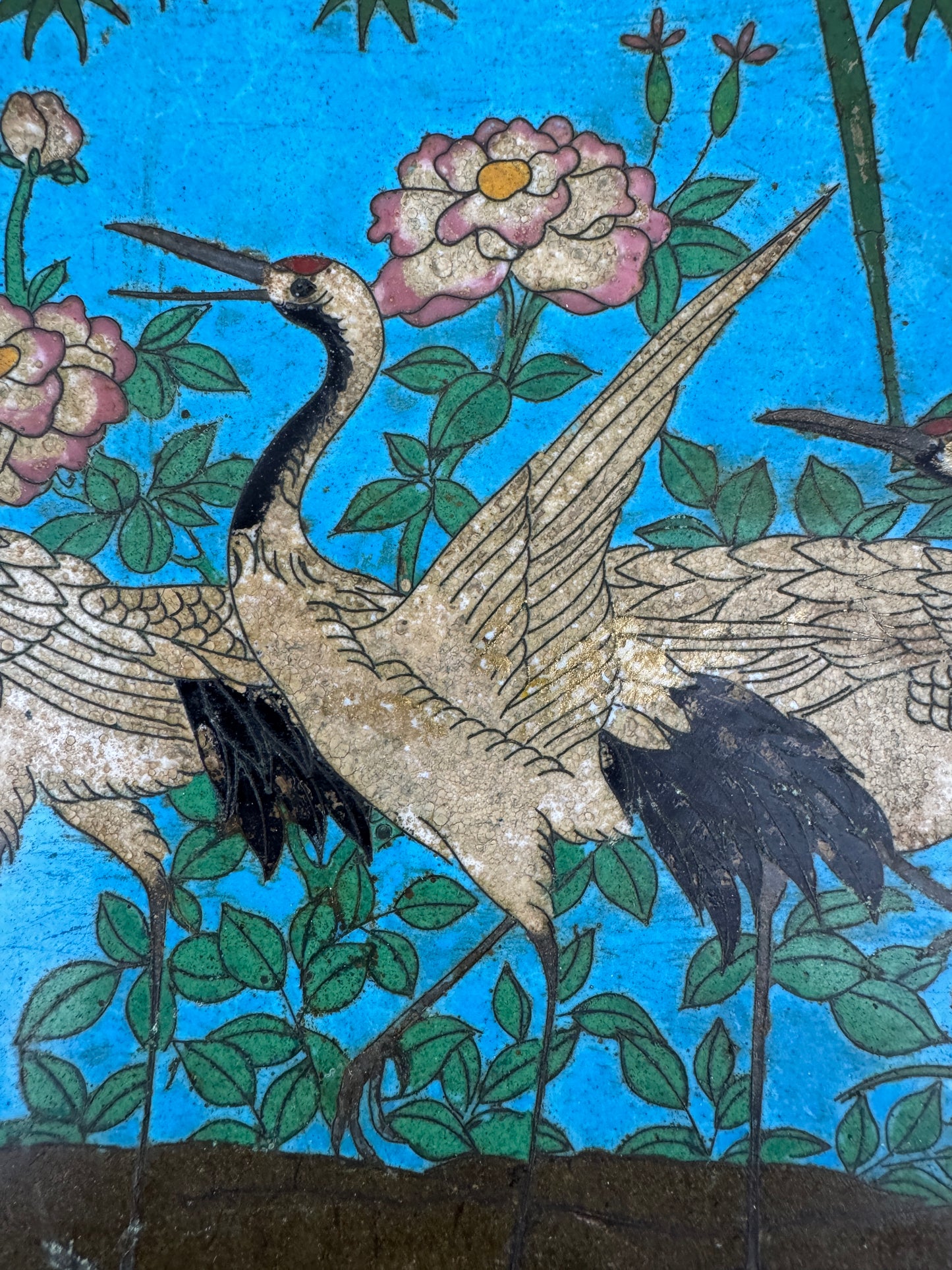 Rare Antique Chinese Cloisonné Plate – Cranes & Peonies – 1800s – Qing Dynasty