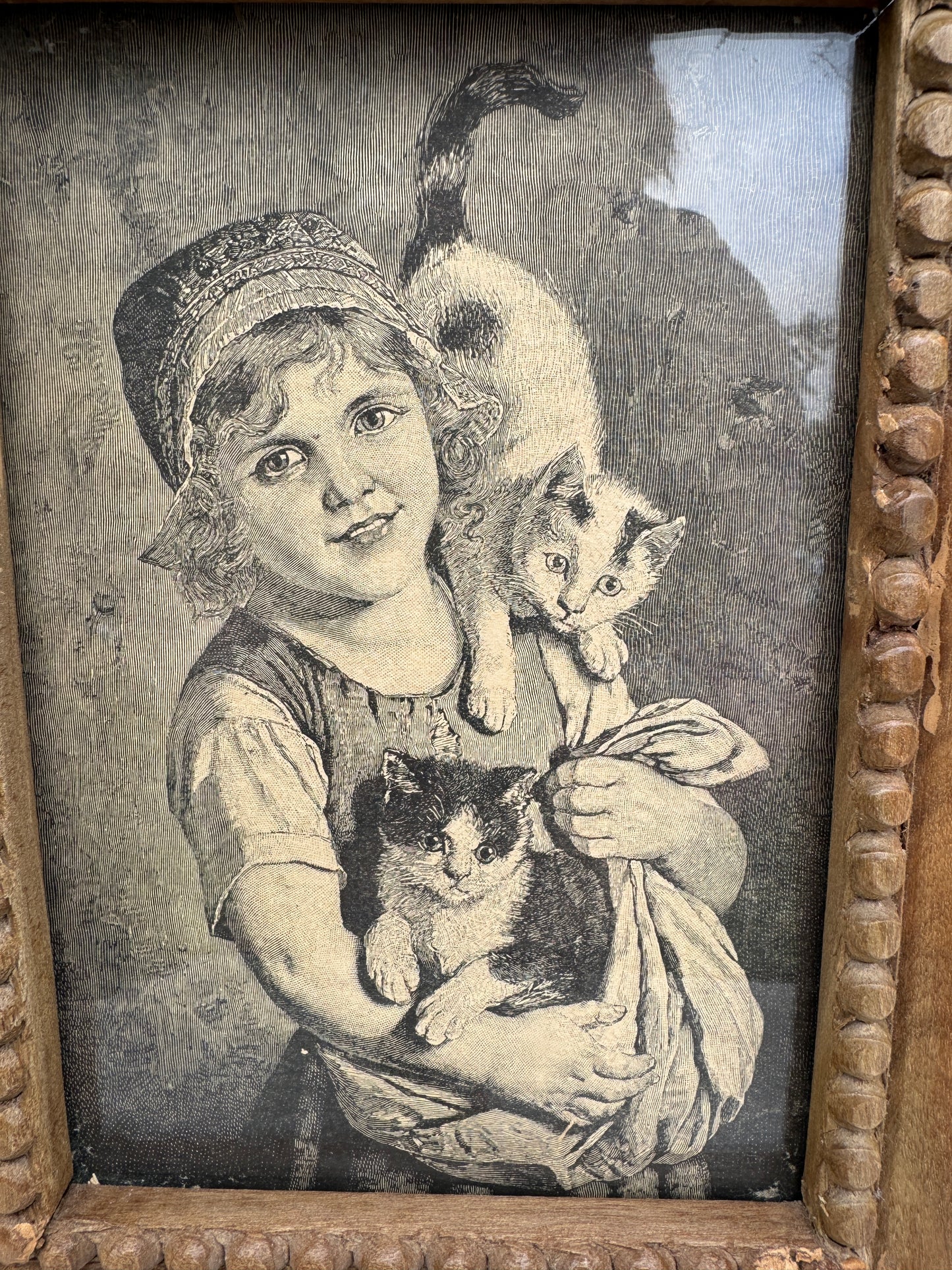 Vintage Cat Print – Girl with Kittens – Rustic Wood Frame – Antique Book Illustration – 19th Century Animal Art
