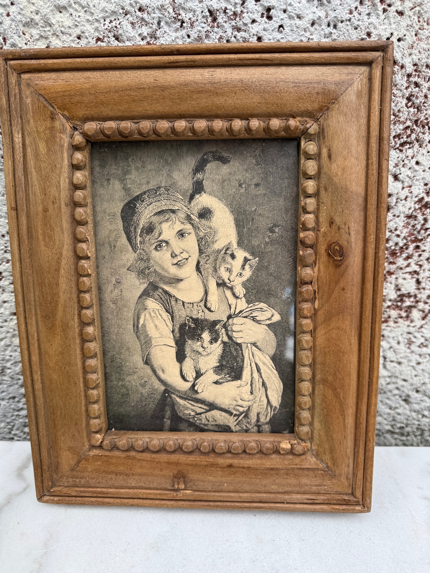Vintage Cat Print – Girl with Kittens – Rustic Wood Frame – Antique Book Illustration – 19th Century Animal Art
