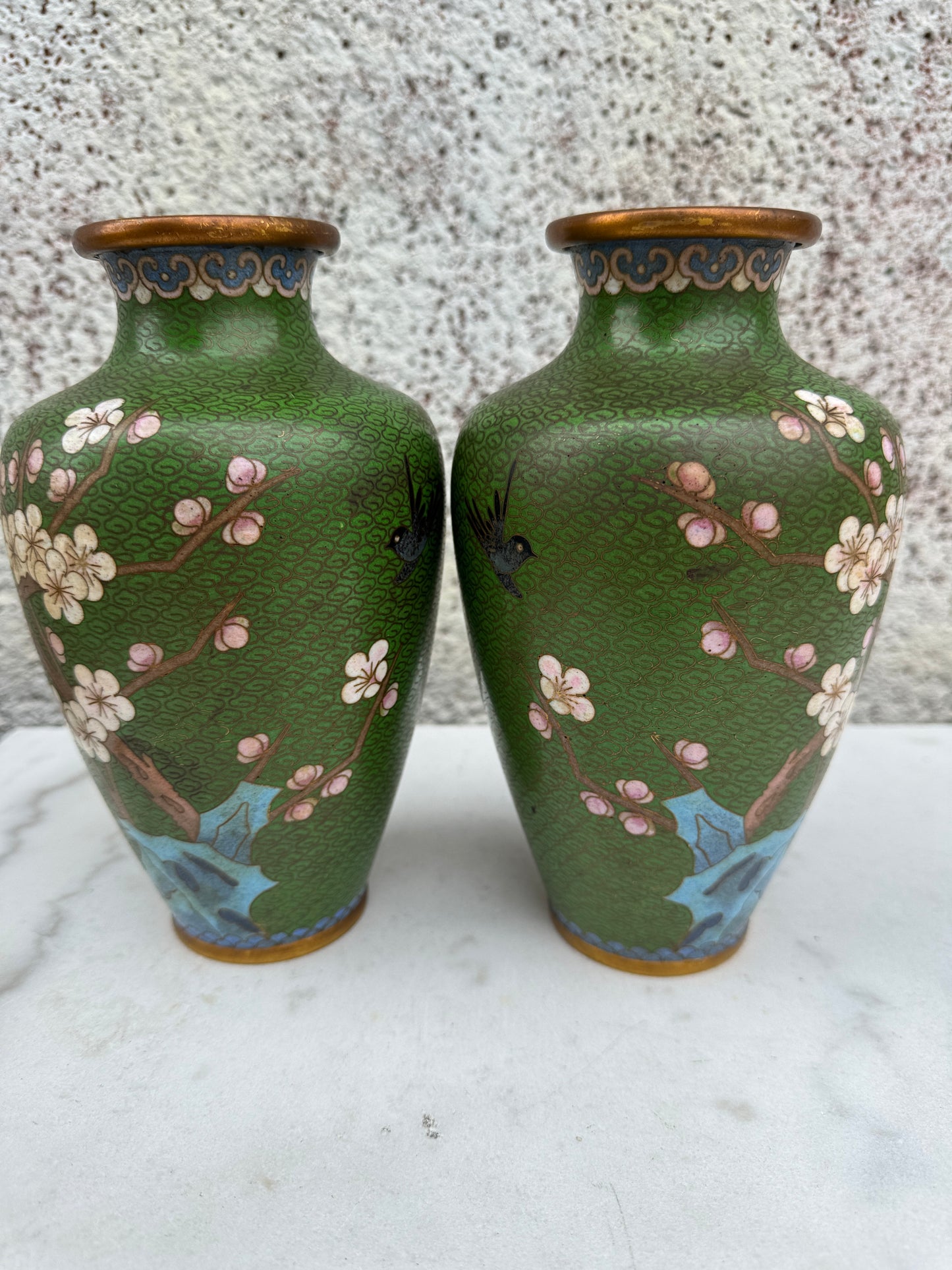 Antique Chinese Cloisonné Vase – Early 20th Century – Green Enamel with Blossoms & Birds – 20 cm