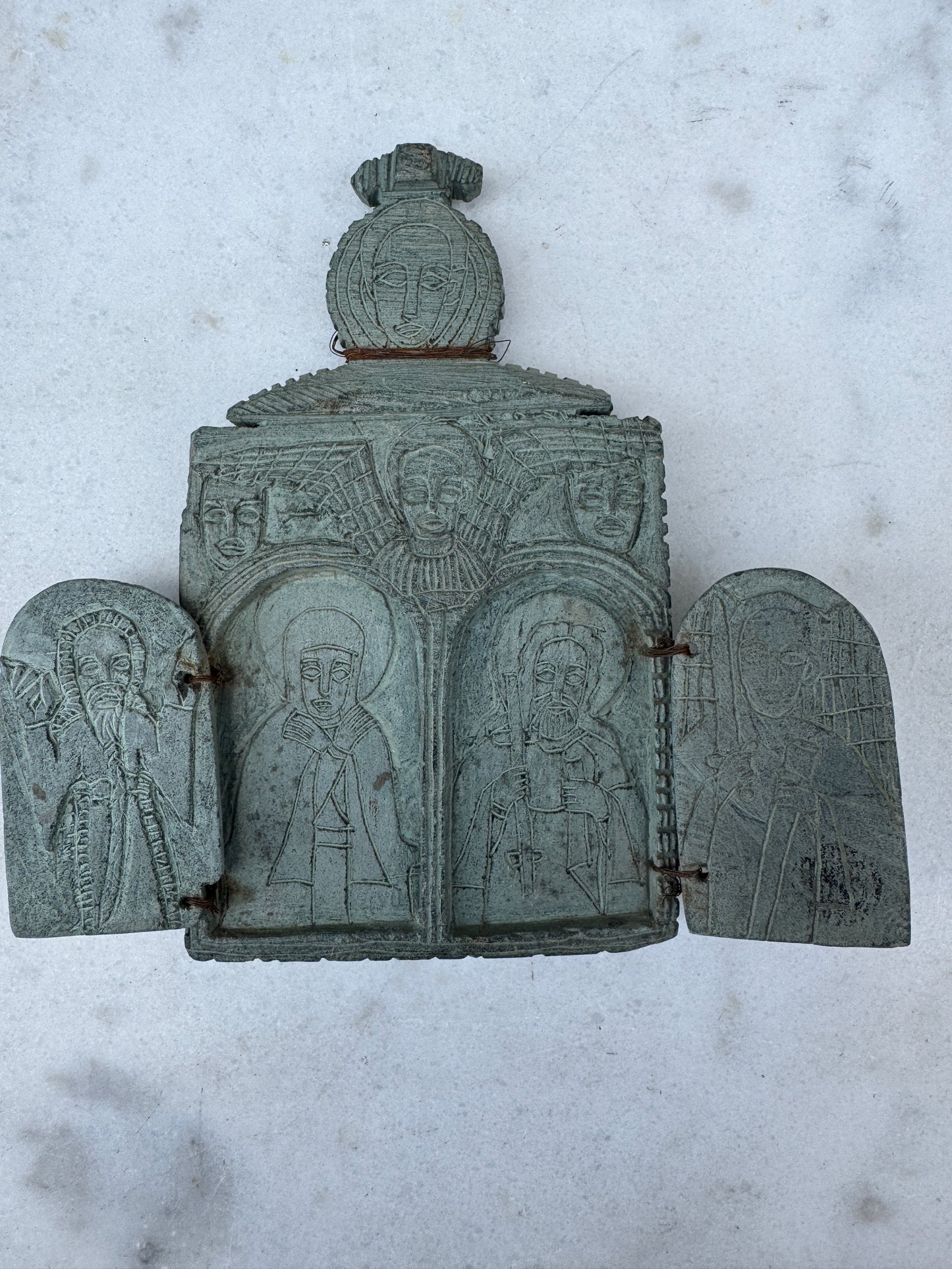 Antique Ethiopian Carved Stone Icon – 5-Panel Orthodox Travelling Relic