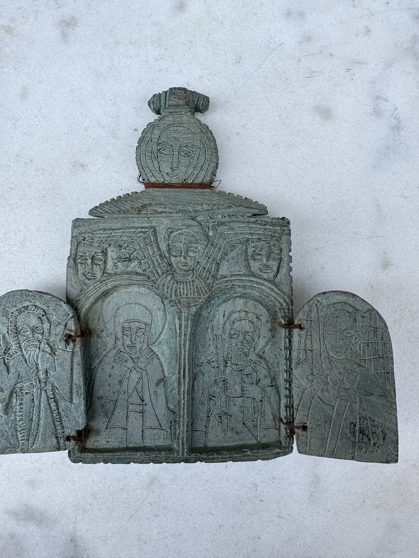 Antique Ethiopian Carved Stone Icon – 5-Panel Orthodox Travelling Relic