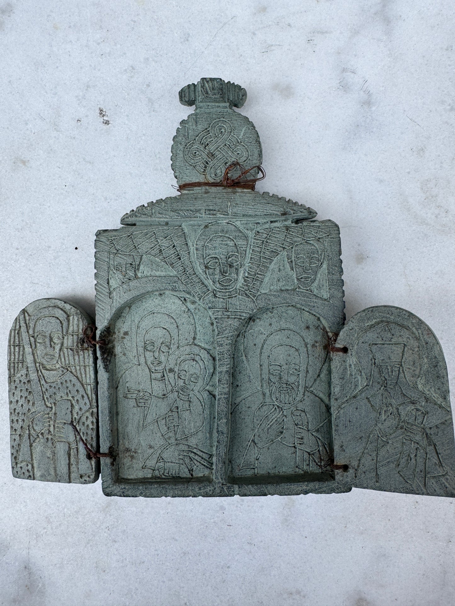 Antique Ethiopian Carved Stone Icon – 5-Panel Orthodox Travelling Relic