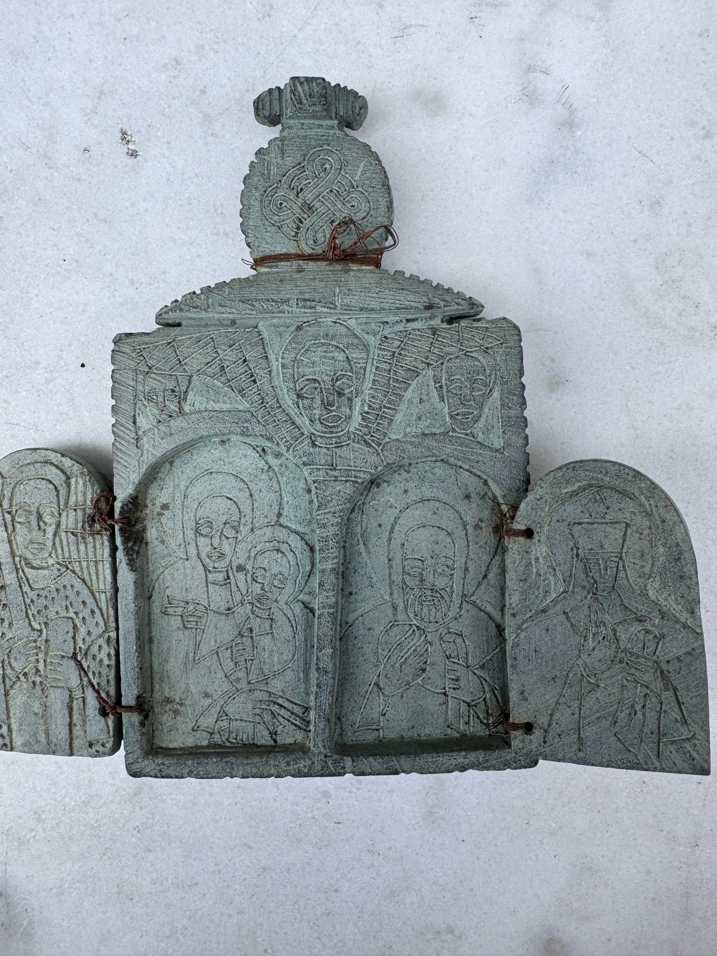 Antique Ethiopian Carved Stone Icon – 5-Panel Orthodox Travelling Relic