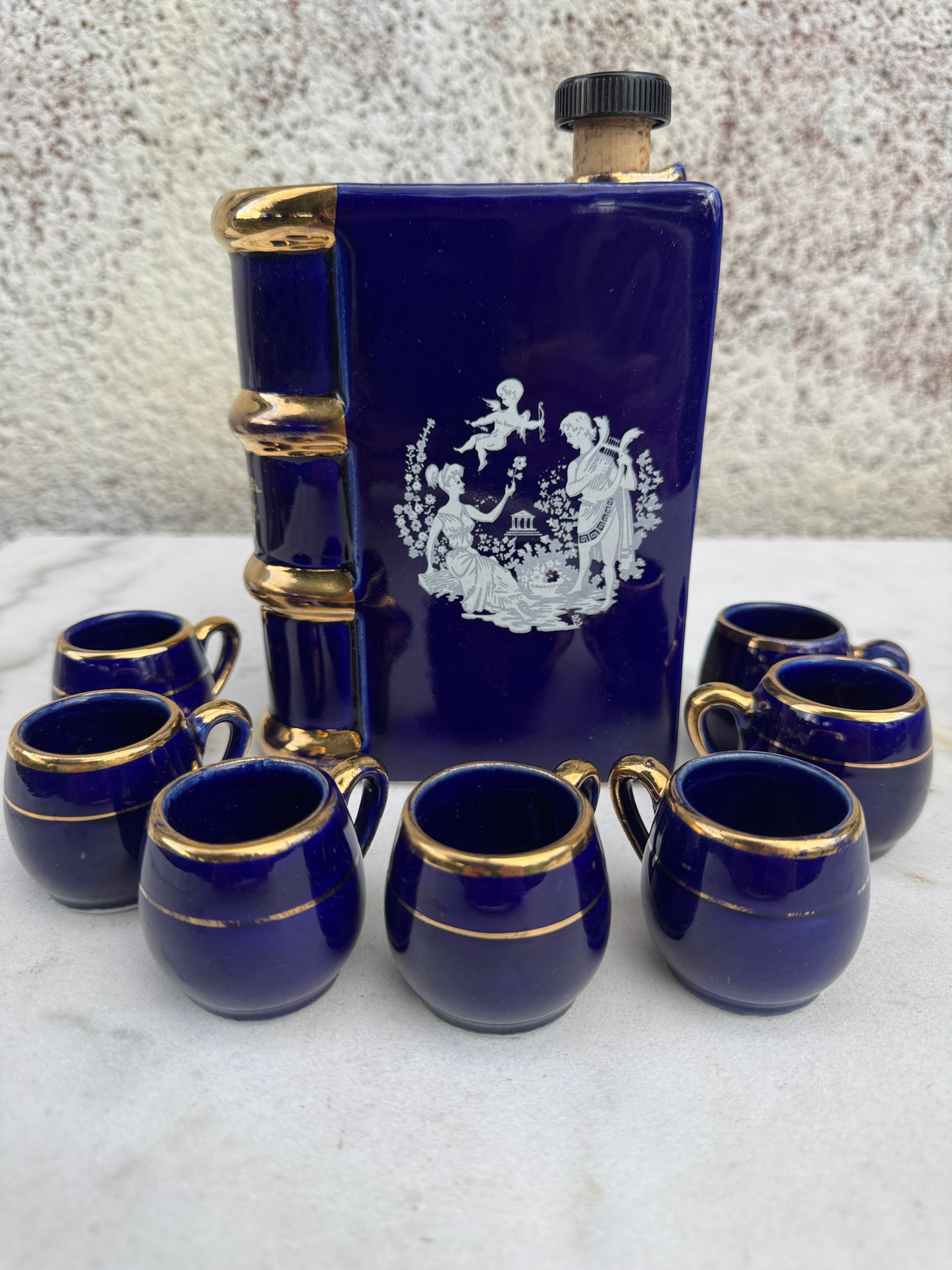 Vintage French Cobalt Blue Book-Shaped Liqueur Set – 7 Gilded Cups & Porcelain Bottle