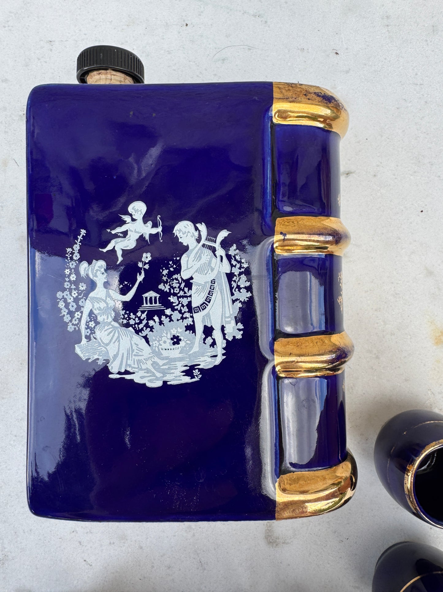 Vintage French Cobalt Blue Book-Shaped Liqueur Set – 7 Gilded Cups & Porcelain Bottle