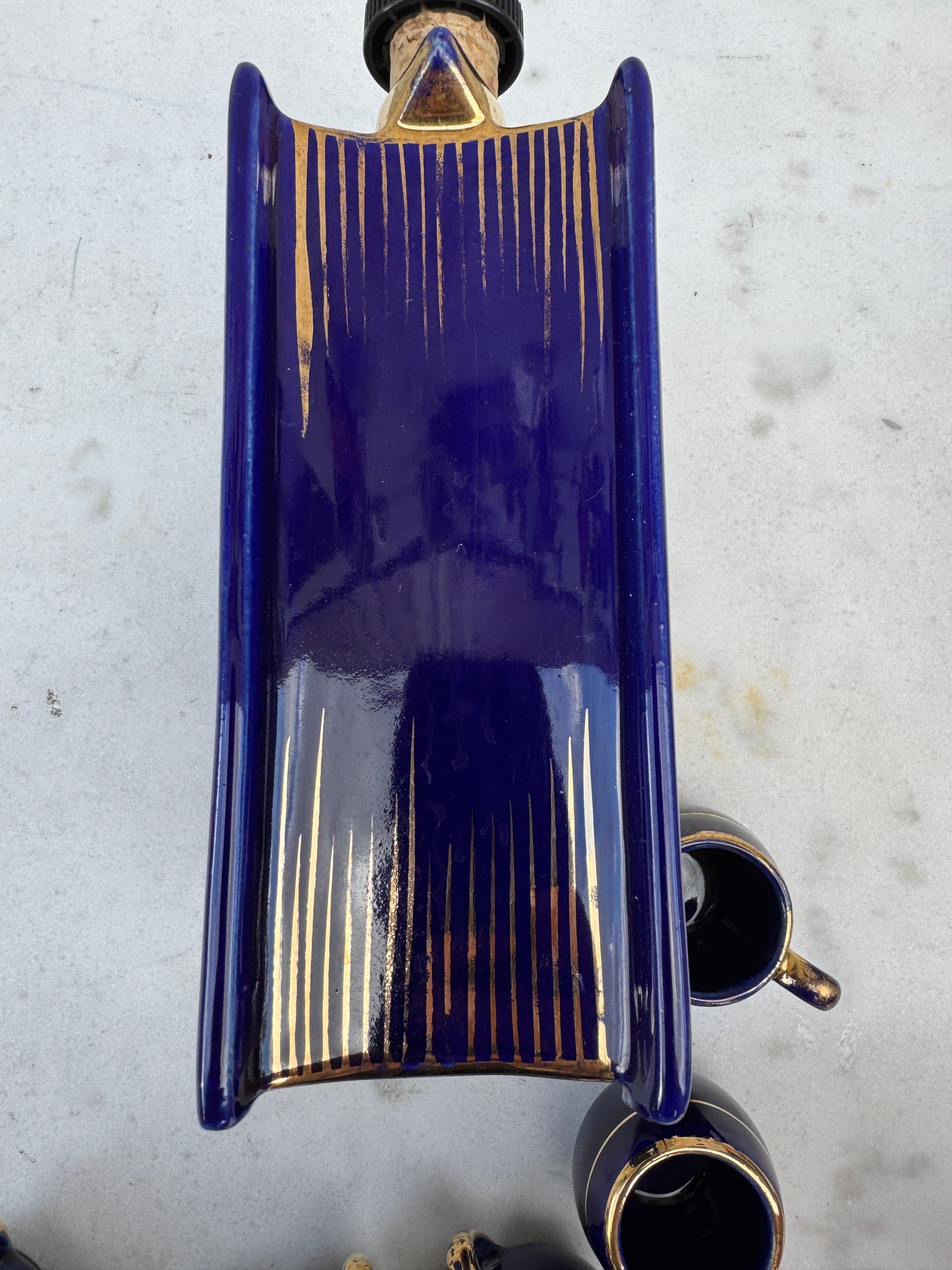 Vintage French Cobalt Blue Book-Shaped Liqueur Set – 7 Gilded Cups & Porcelain Bottle